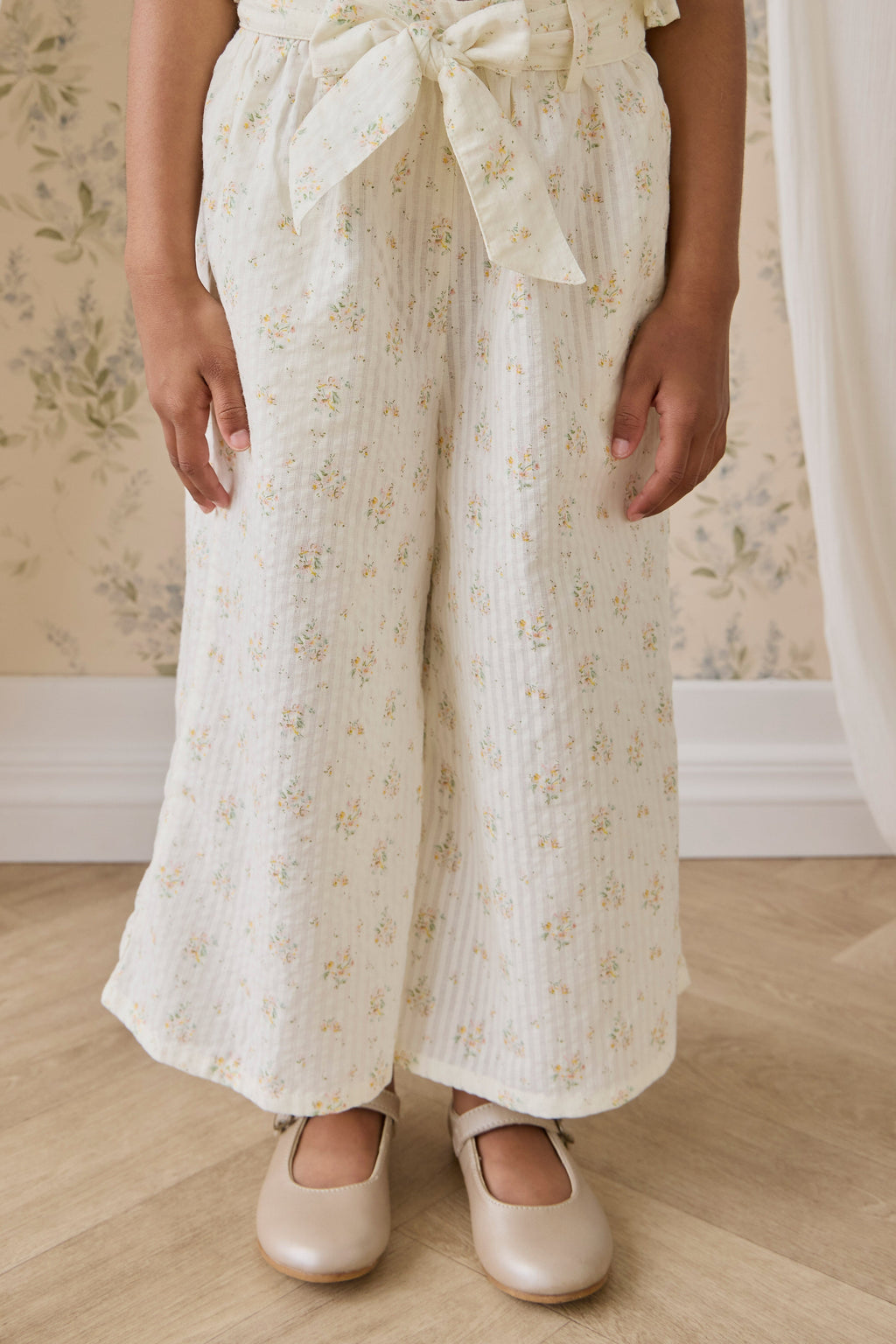 Pantalon large en coton biologique à imprimé floral parchemin romantique avec nœud à la taille pour filles de 6 mois à 10 ans