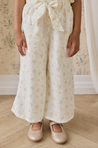 Pantalon large en coton biologique à imprimé floral parchemin romantique avec nœud à la taille pour filles de 6 mois à 10 ans