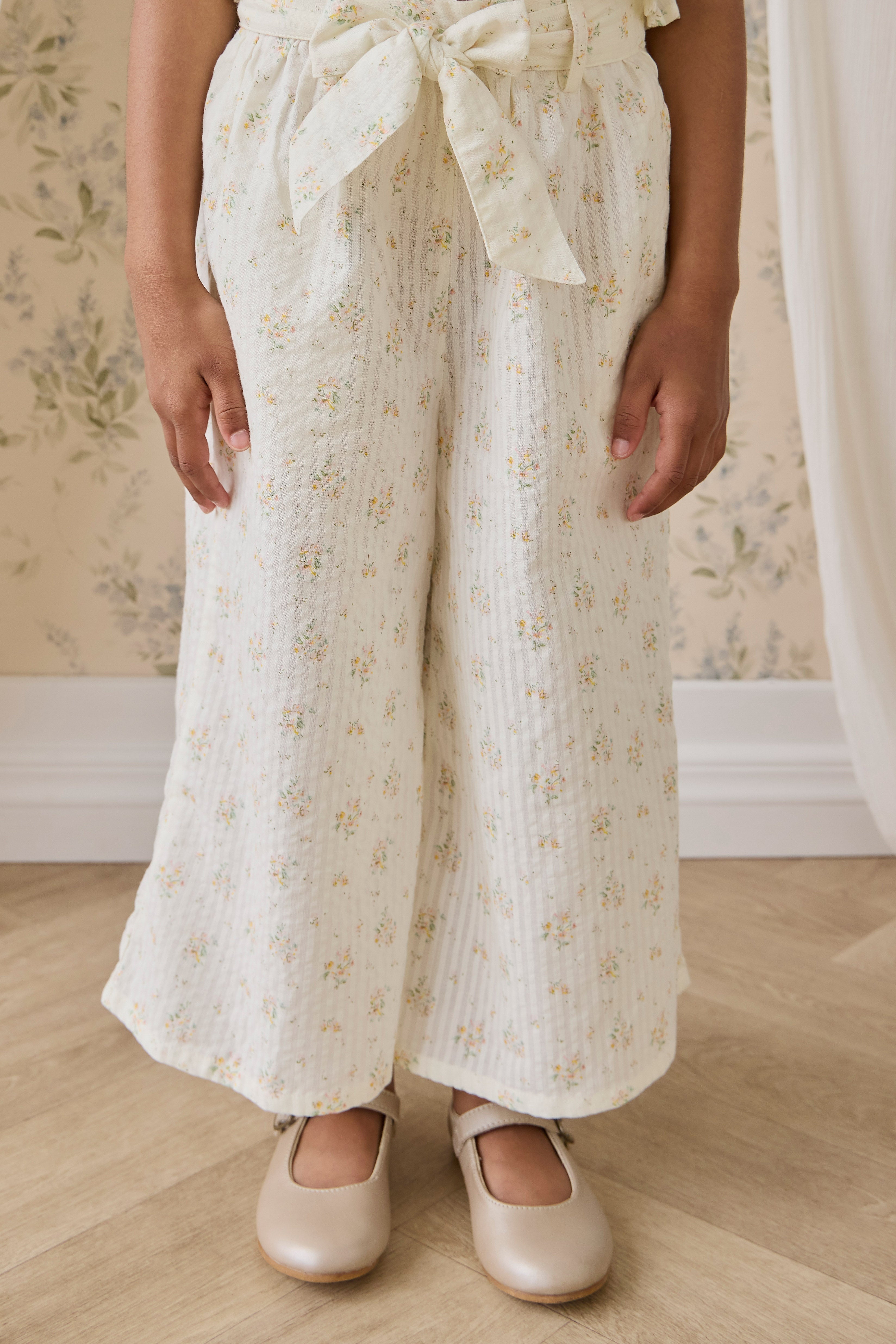 Pantalon large en coton biologique à imprimé floral parchemin romantique avec nœud à la taille pour filles de 6 mois à 10 ans