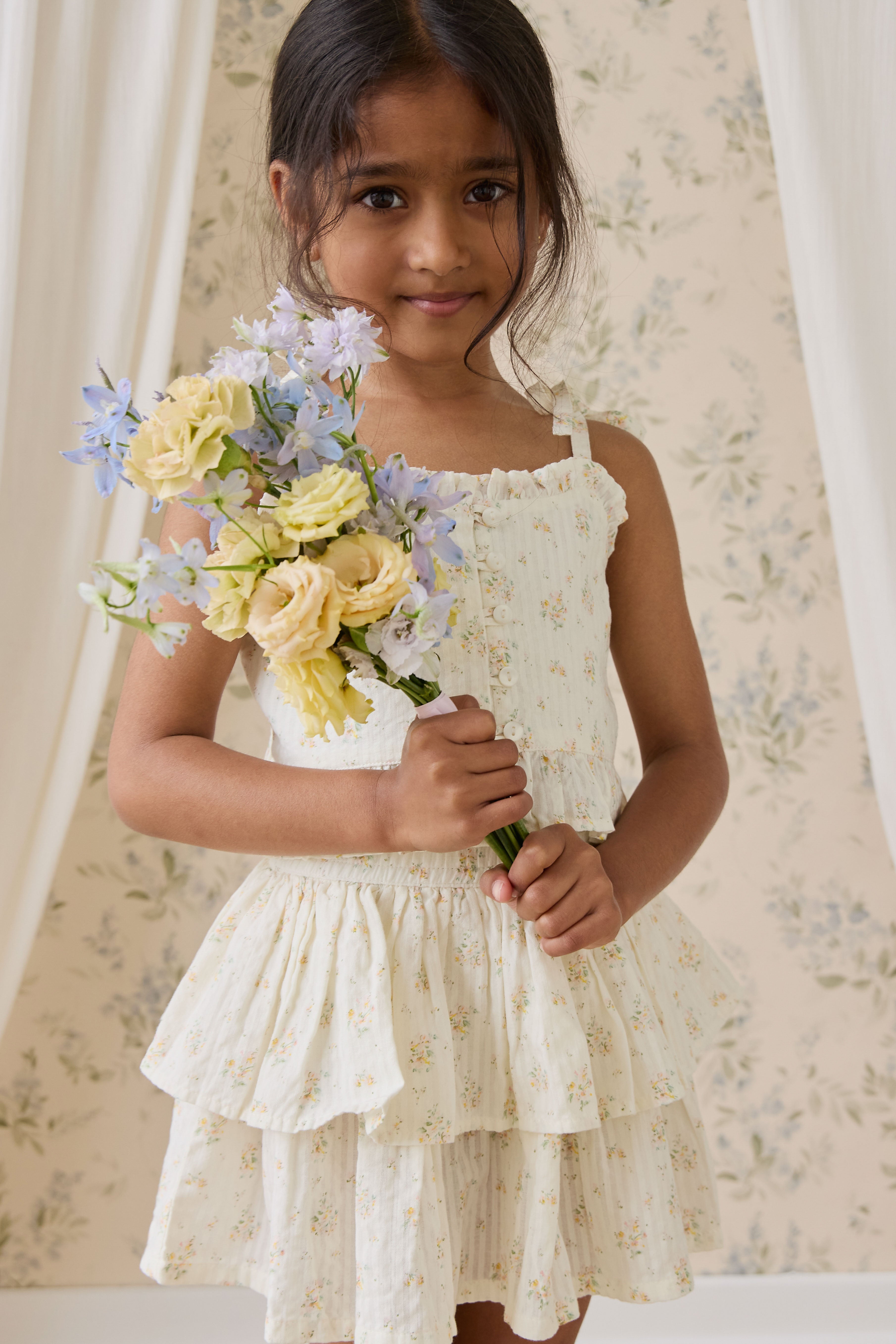 Jupe étagée en coton biologique à imprimé floral parchemin romantique avec design superposé féminin pour filles 6M–10A