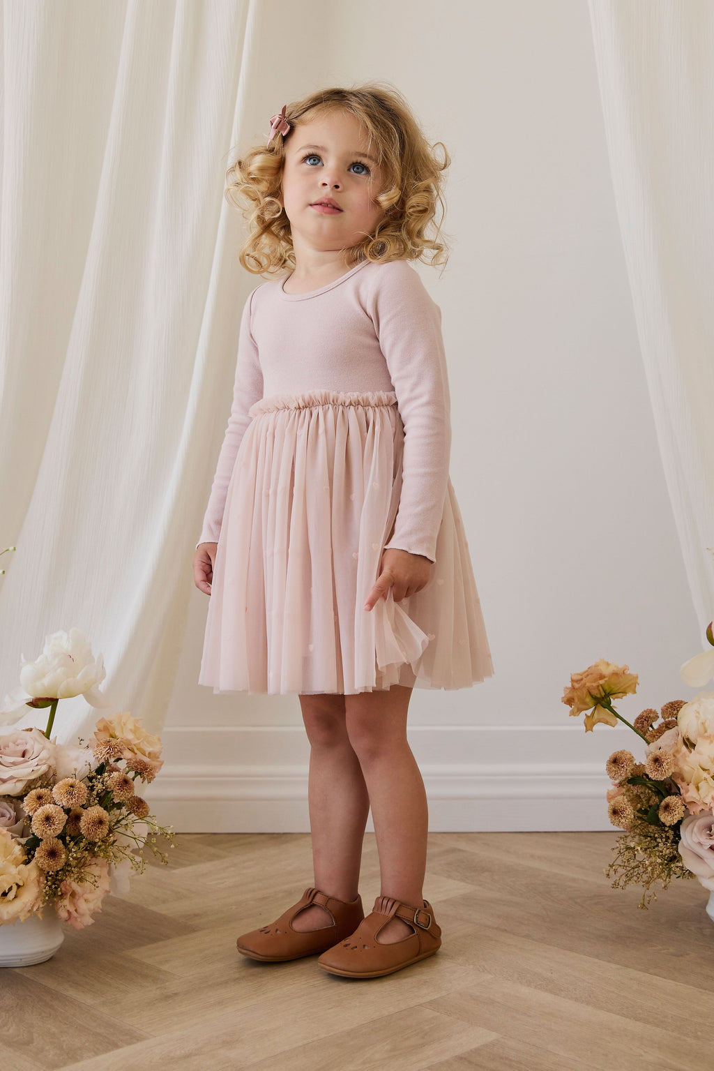 Robe en coton romantique rose à petits cœurs, manches longues et jupe en tulle pour occasions spéciales, filles 6M-8A