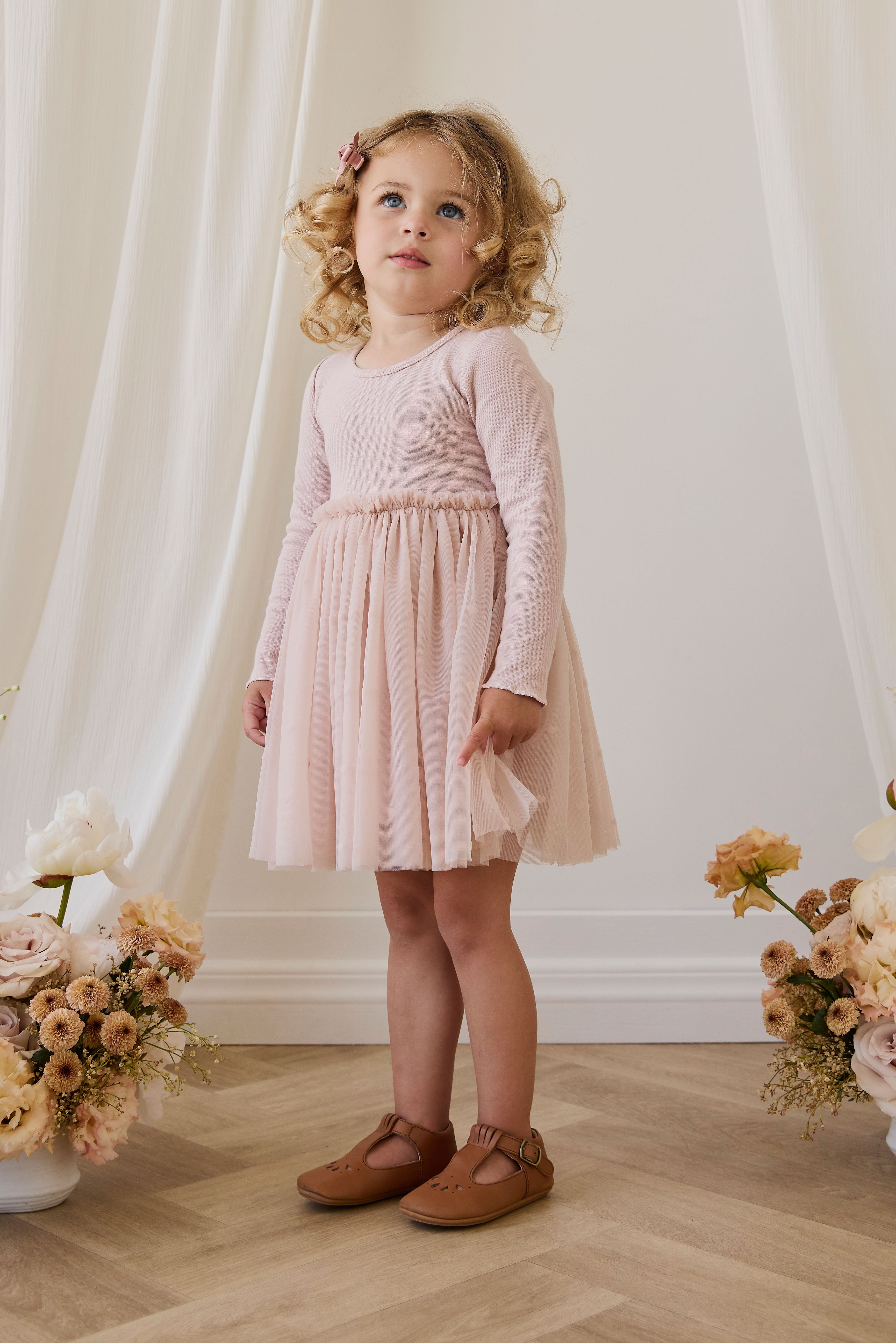 Robe en coton romantique rose à petits cœurs, manches longues et jupe en tulle pour occasions spéciales, filles 6M-8A
