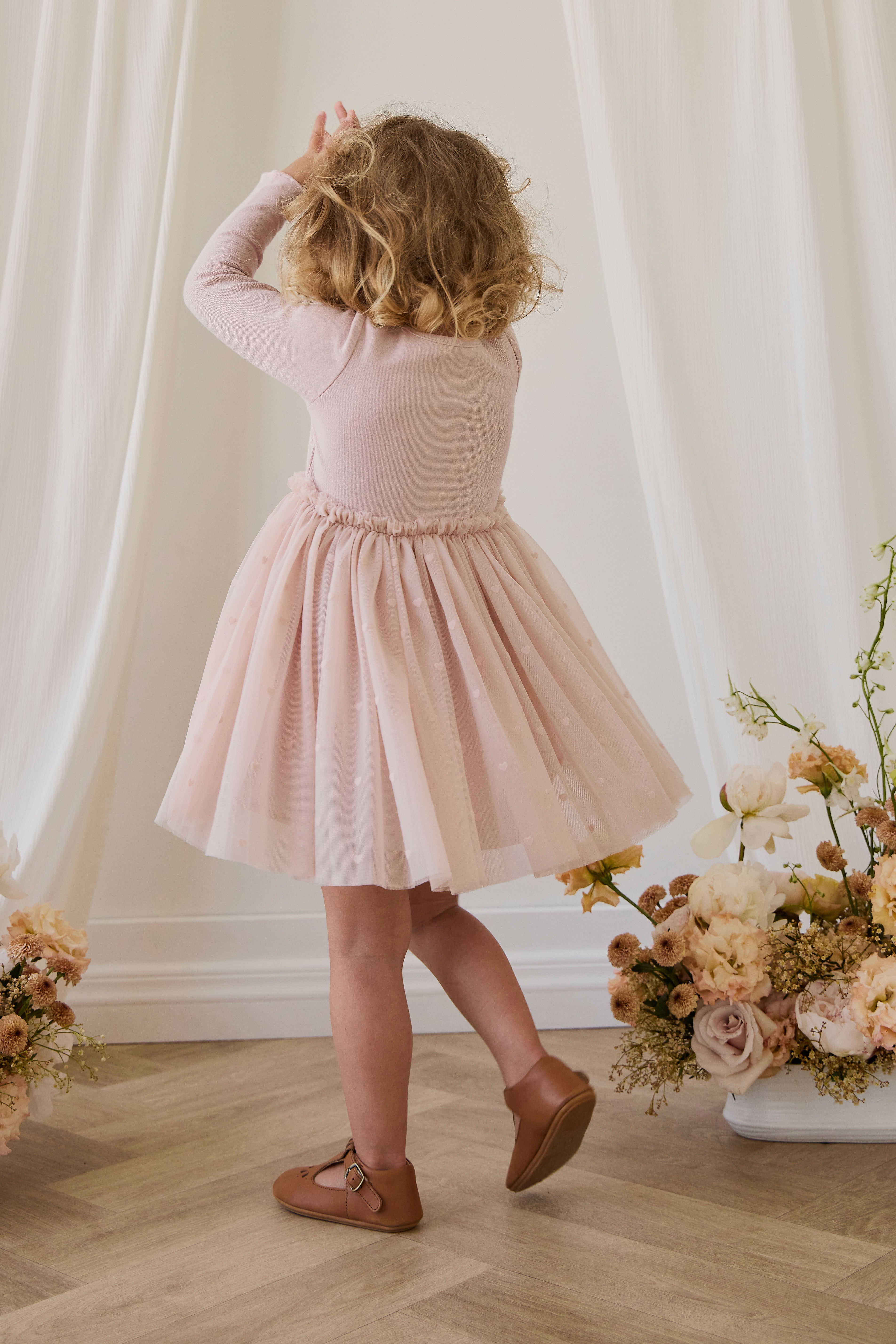 Robe en coton romantique rose à petits cœurs, manches longues et jupe en tulle pour occasions spéciales, filles 6M-8A
