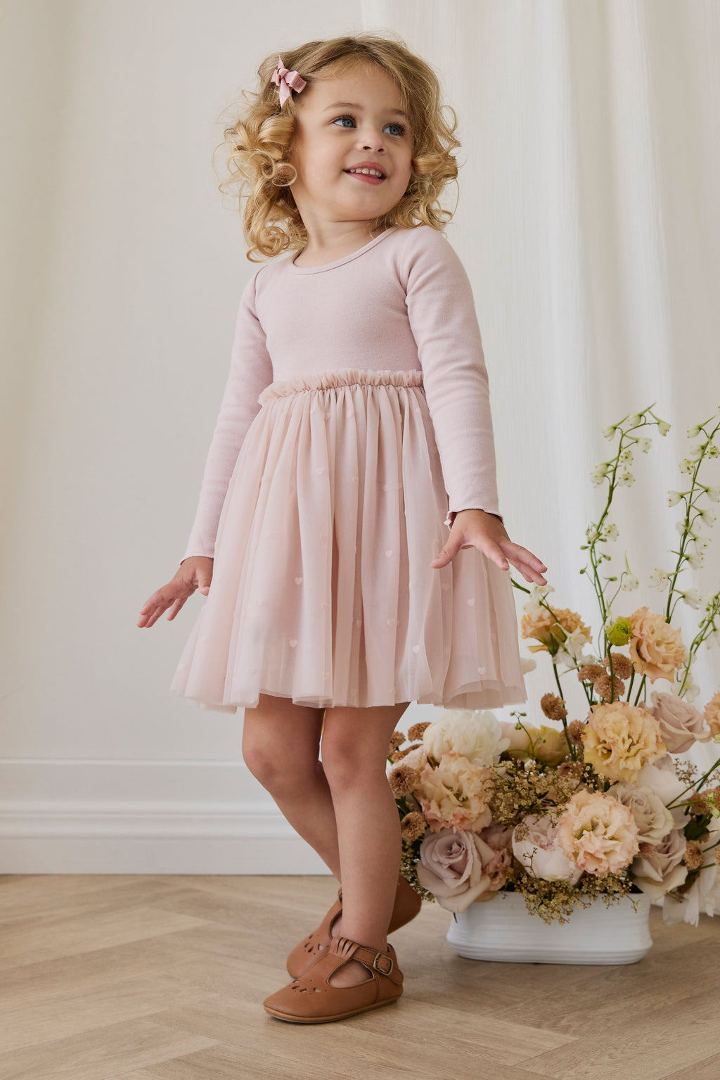 Robe en coton romantique rose à petits cœurs, manches longues et jupe en tulle pour occasions spéciales, filles 6M-8A