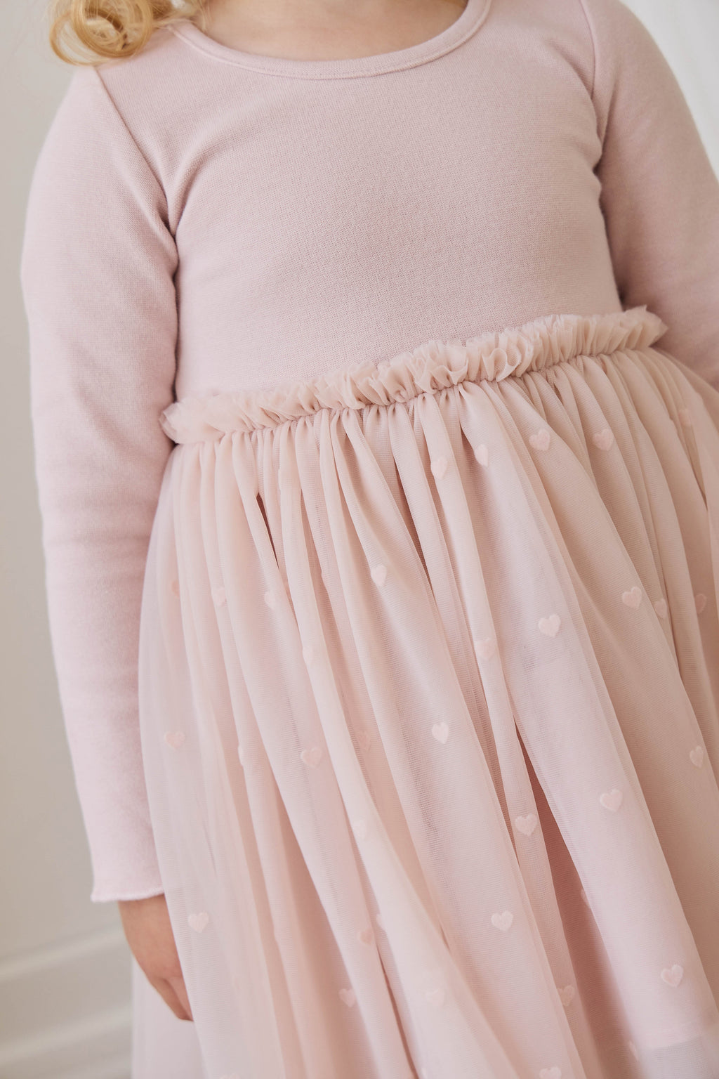 Robe en coton romantique rose à petits cœurs, manches longues et jupe en tulle pour occasions spéciales, filles 6M-8A