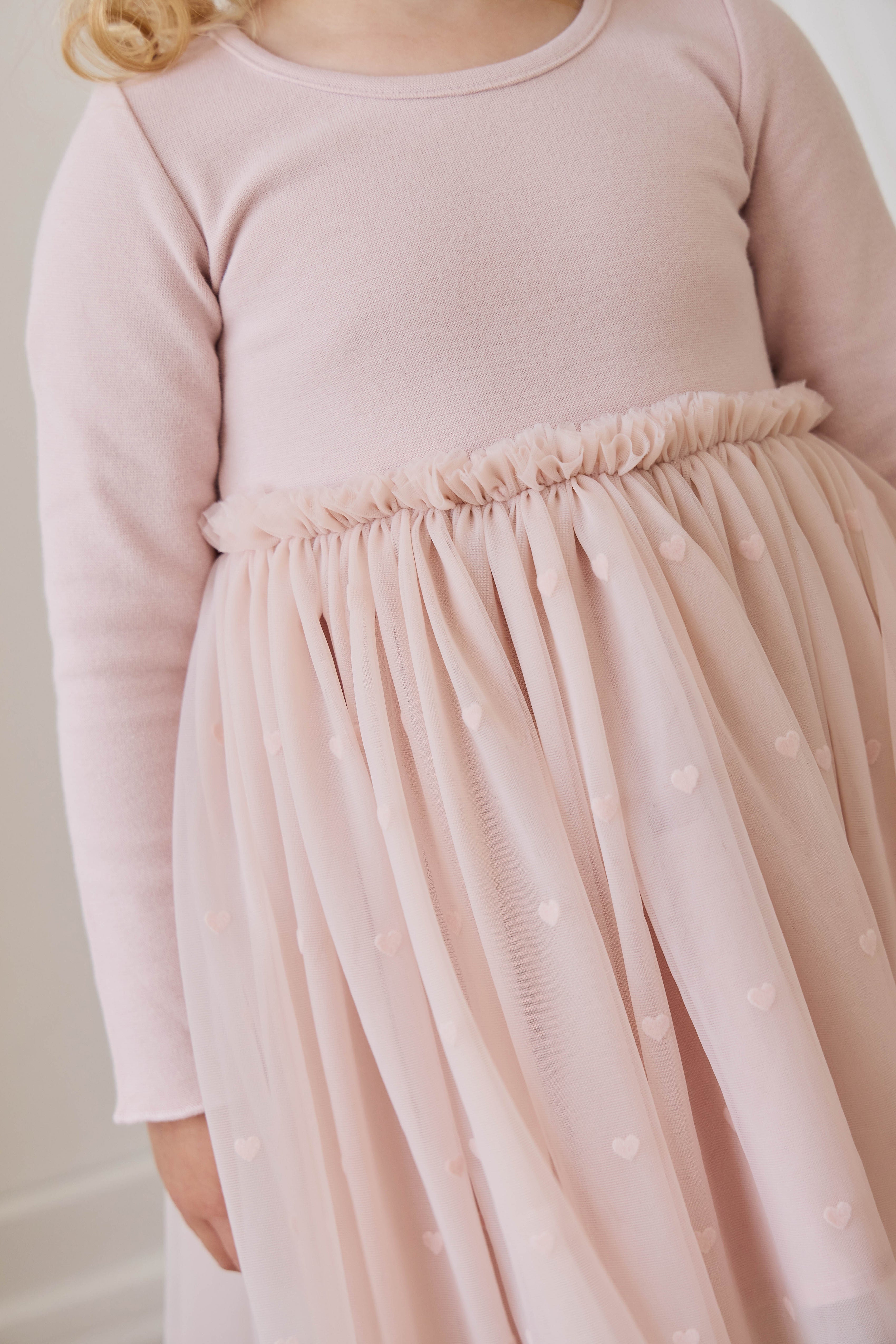 Robe en coton romantique rose à petits cœurs, manches longues et jupe en tulle pour occasions spéciales, filles 6M-8A