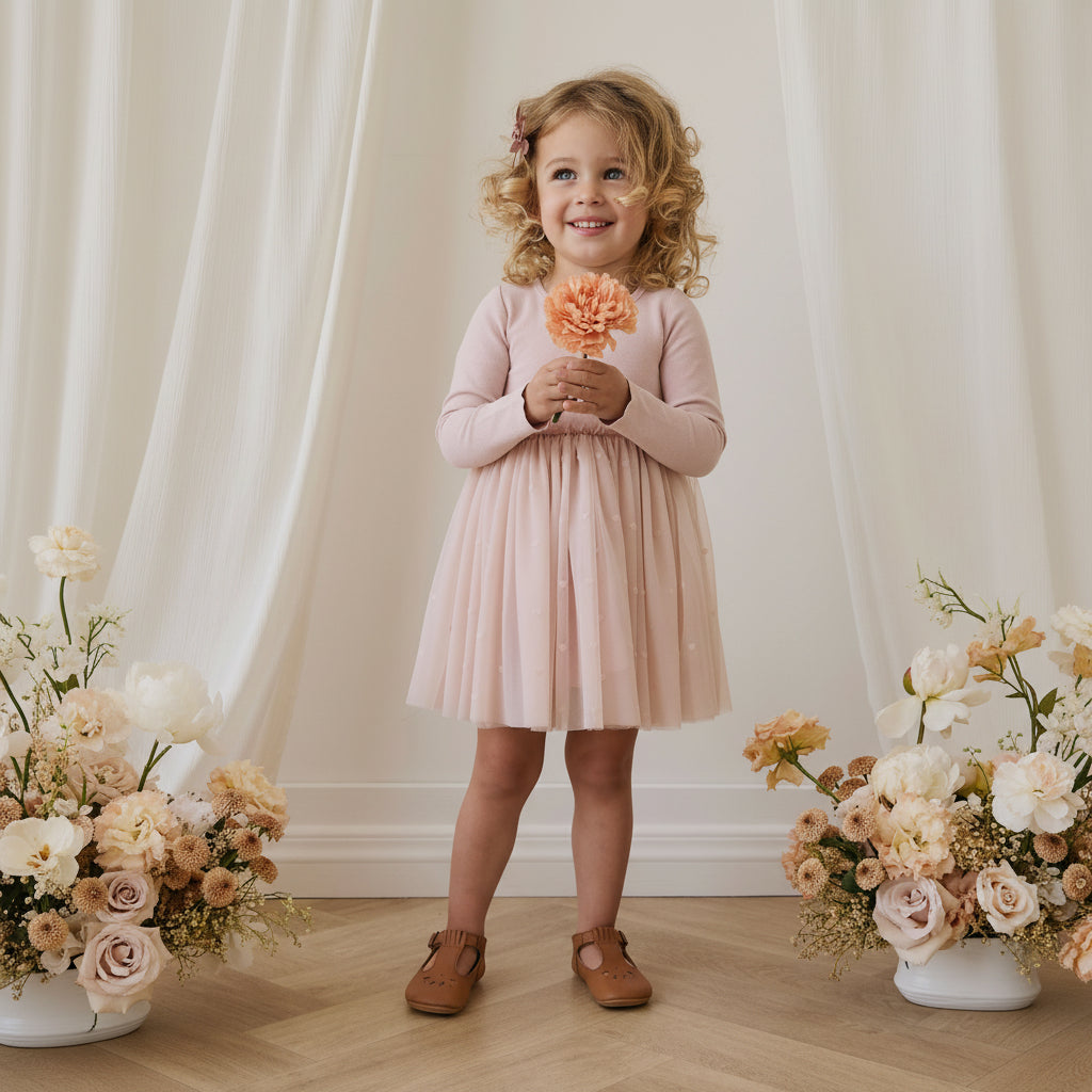 Robe en coton romantique rose à petits cœurs, manches longues et jupe en tulle pour occasions spéciales, filles 6M-8A