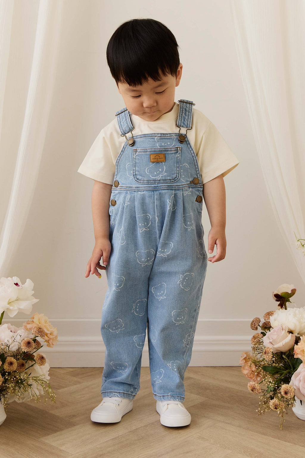 Salopette décontractée en jean imprimé coton bleu clair avec bretelles réglables et poche bavette pour enfants 6M-6Y