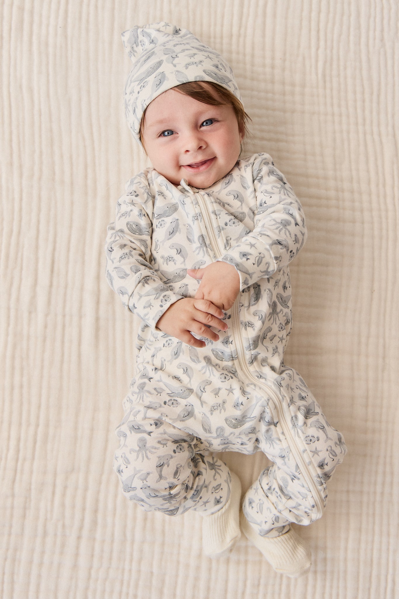 Bonnet bébé en coton bio à imprimé animaux marins, élastique et doux, pour les 0-12 mois