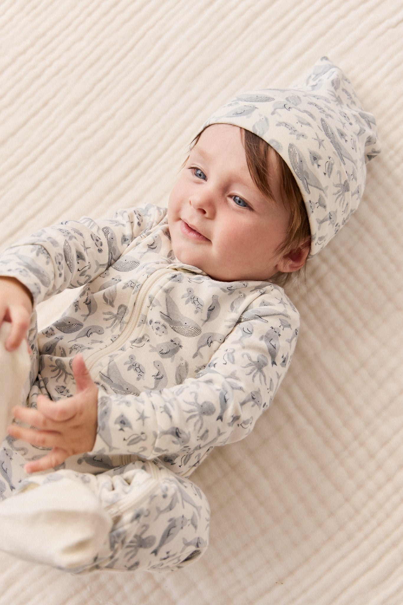 Bonnet bébé en coton bio à imprimé animaux marins, élastique et doux, pour les 0-12 mois