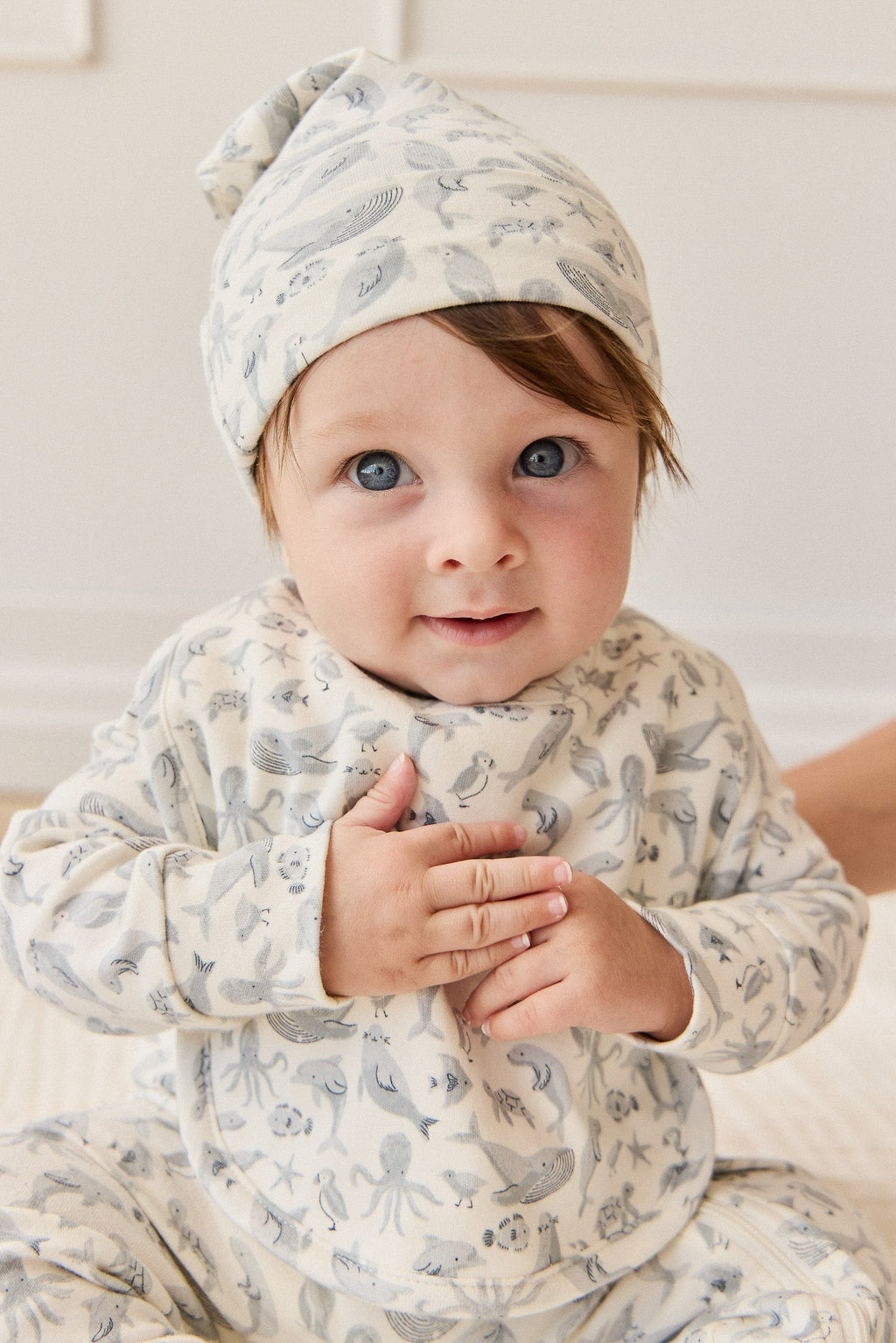 Bonnet bébé en coton bio à imprimé animaux marins, élastique et doux, pour les 0-12 mois