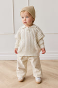 Pantalon décontracté en coton uni coloris avoine avec taille élastiquée et accessoires sans nickel pour enfants de 6 mois à 8 ans