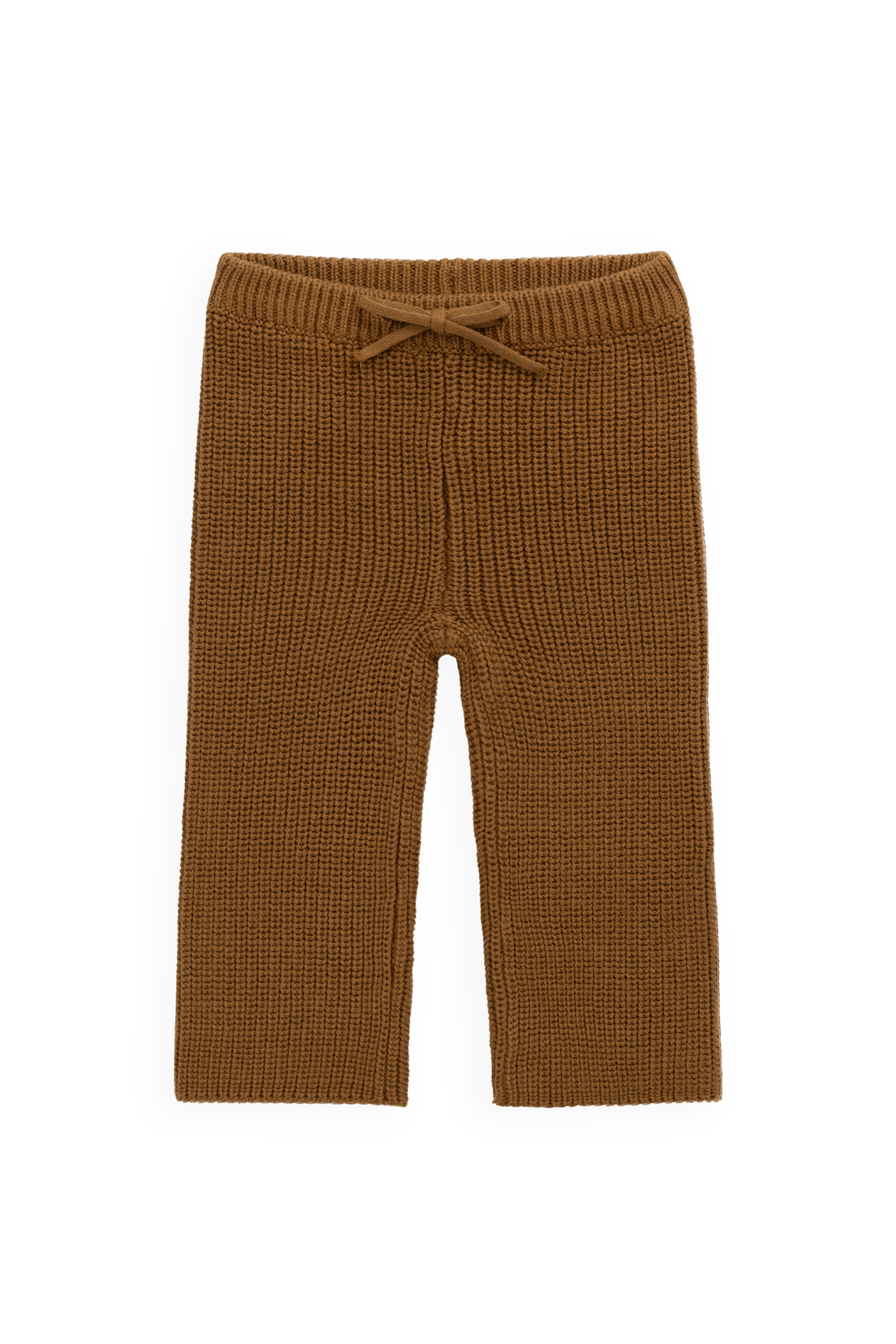 Pantalon en coton tricoté uni bronze automnal douillet avec taille élastiquée et lien décoratif pour enfants de 0 à 8 ans