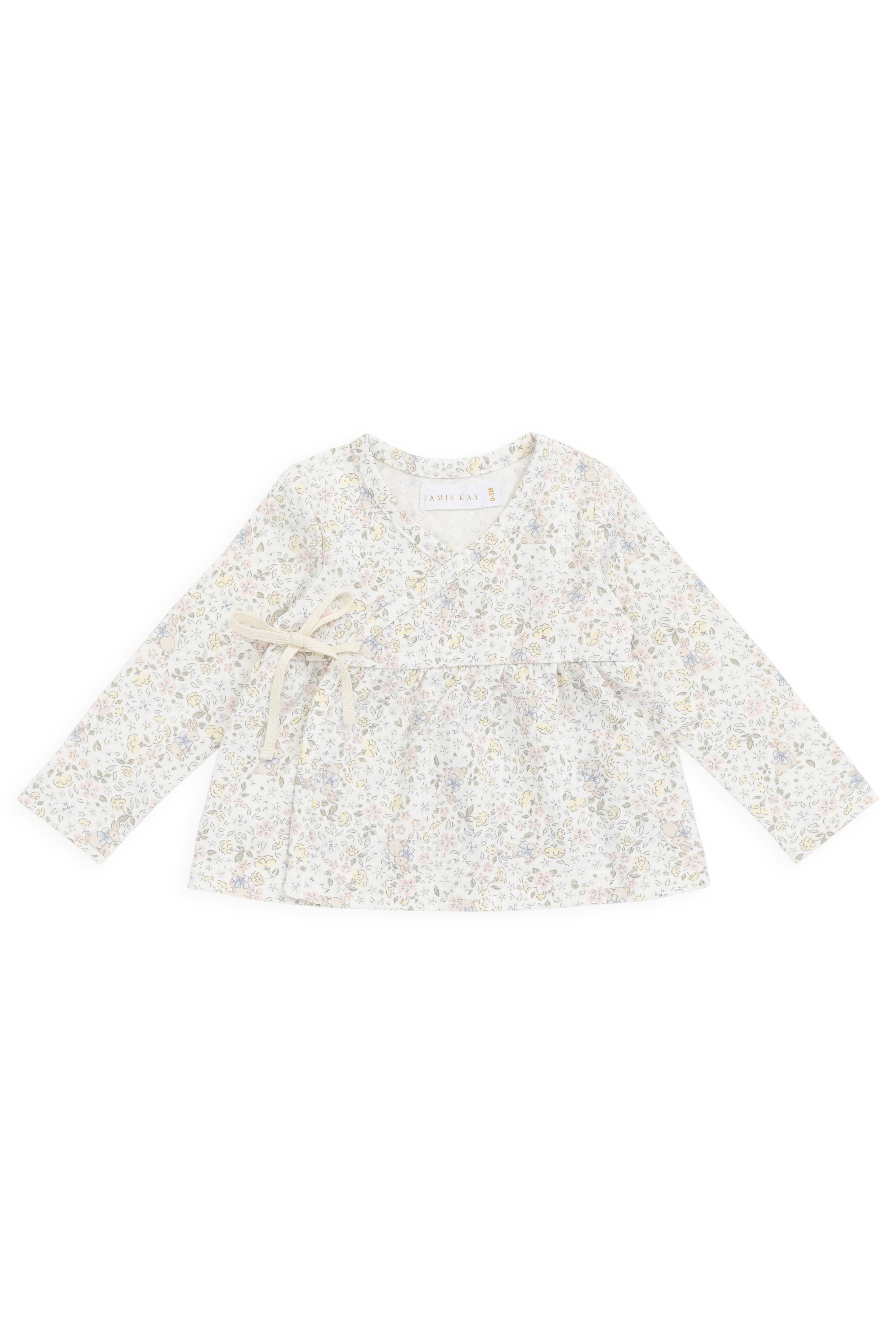 Haut cache-cœur en coton biologique avec détails à nouer, motif floral, style cottage romantique et neutre, pour filles de 0 à 3 ans