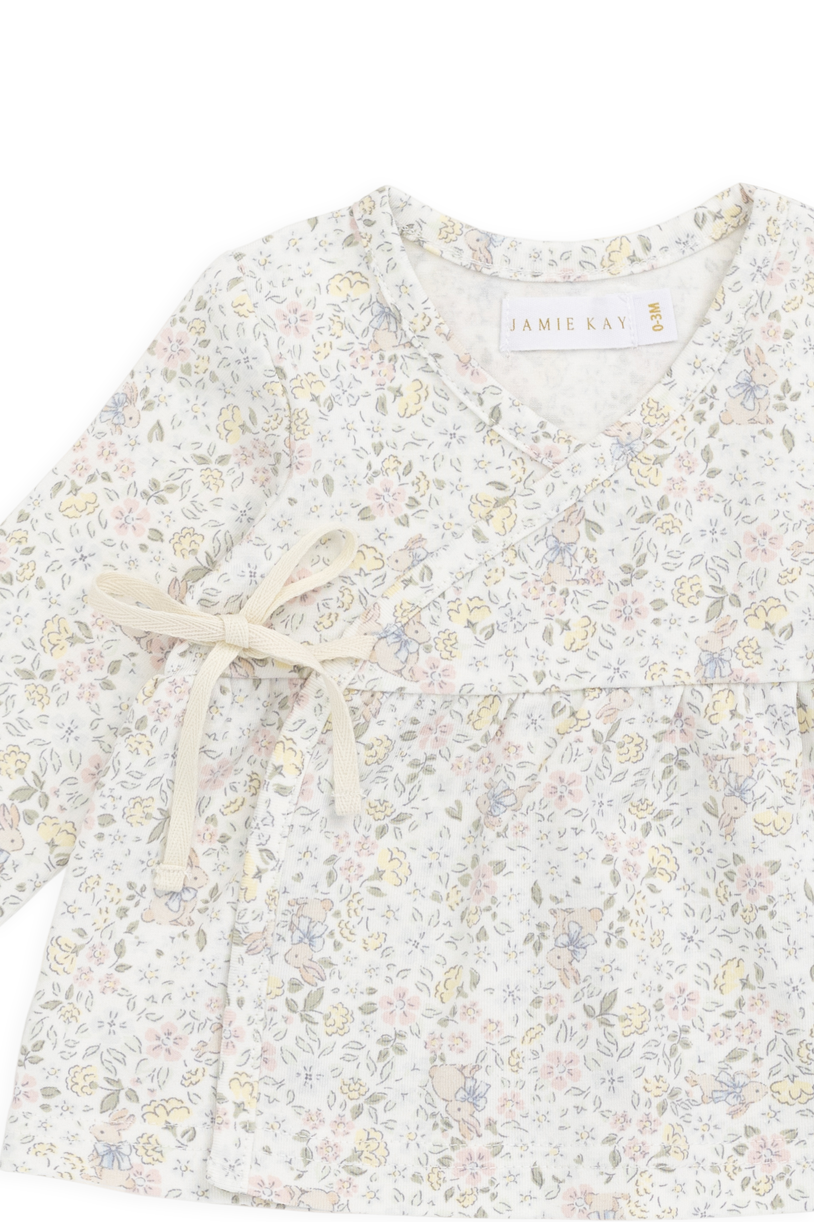 Haut cache-cœur en coton biologique avec détails à nouer, motif floral, style cottage romantique et neutre, pour filles de 0 à 3 ans