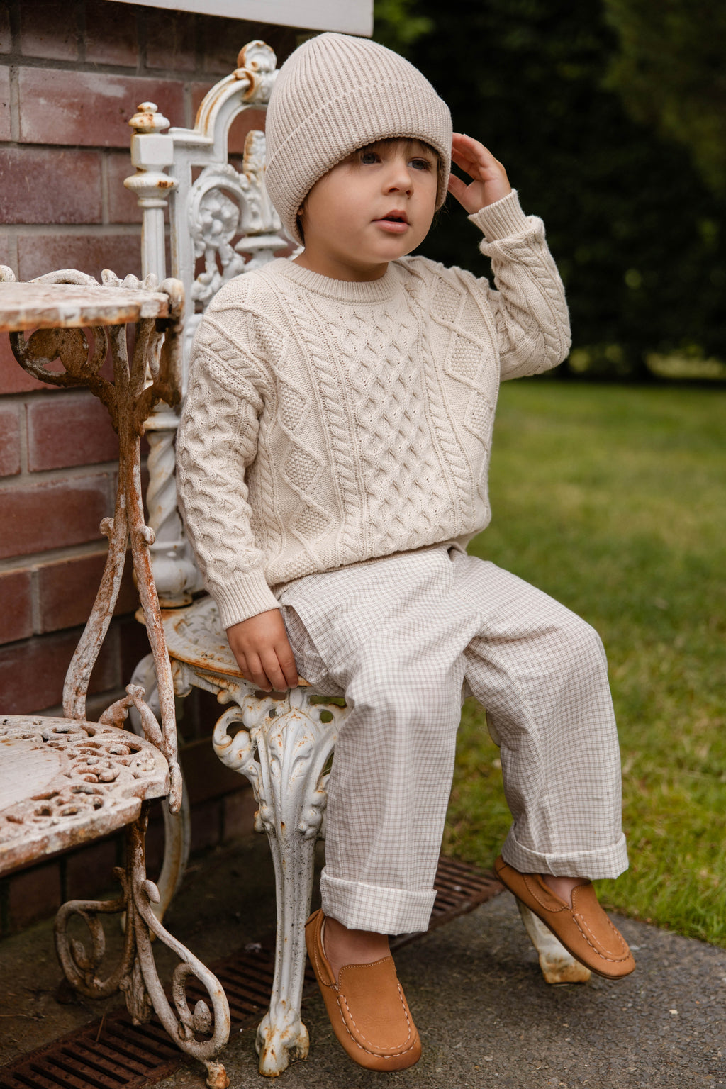 Pull en coton classique, de couleur unie neutre, à col rond et maille torsadée, avec poignets côtelés, pour enfants de 6 mois à 8 ans