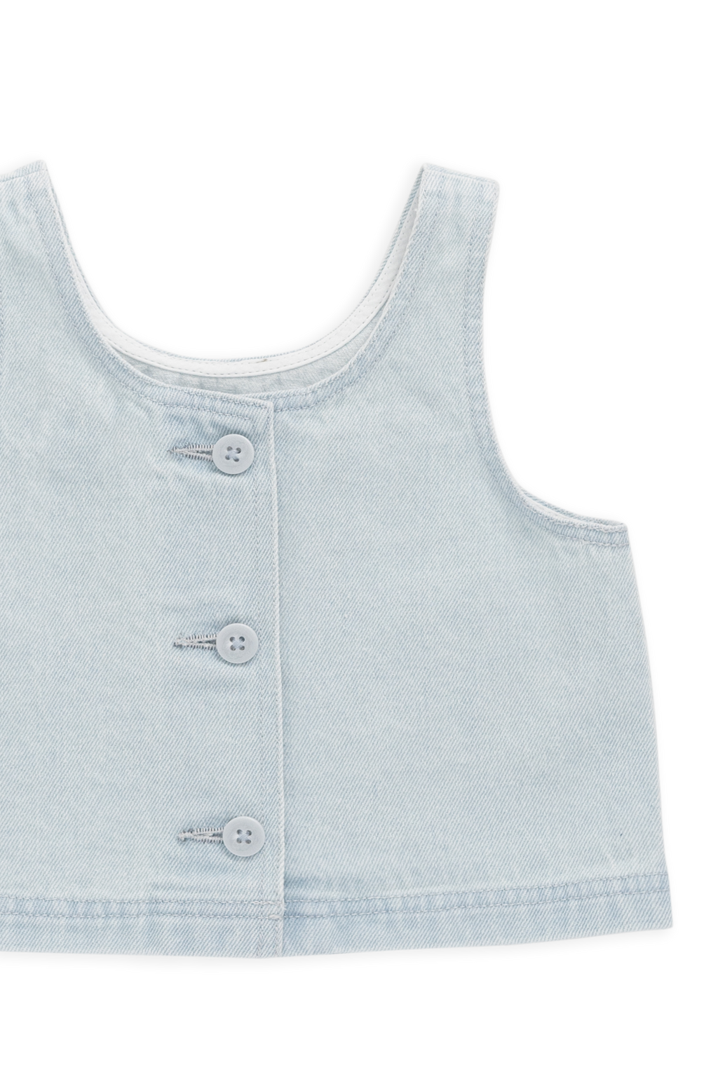 Haut court en coton uni bleu nuage, léger et sans manches avec boutons au dos pour filles de 6 mois à 10 ans