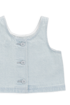 Haut court en coton uni bleu nuage, léger et sans manches avec boutons au dos pour filles de 6 mois à 10 ans