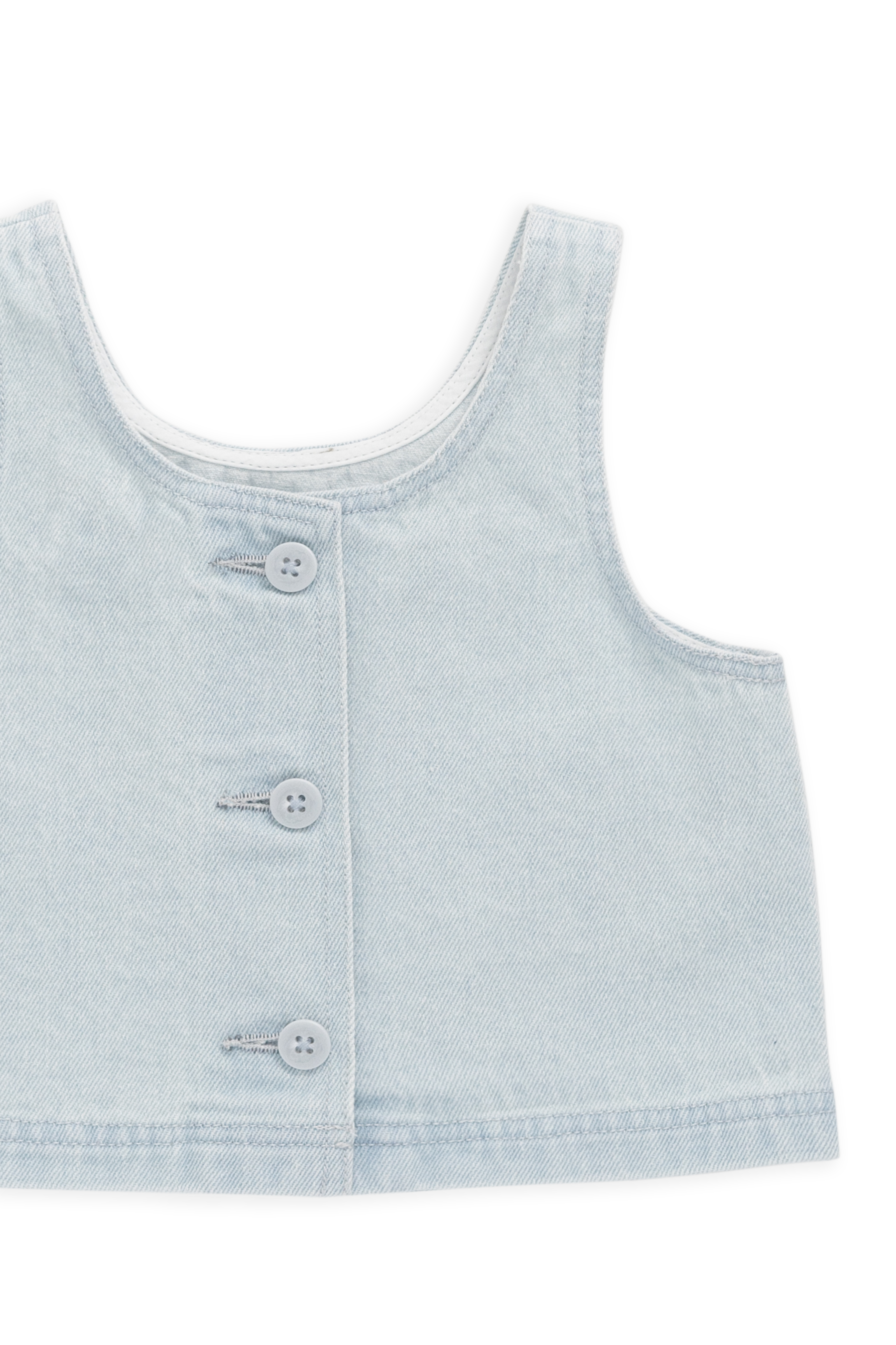 Haut court en coton uni bleu nuage, léger et sans manches avec boutons au dos pour filles de 6 mois à 10 ans