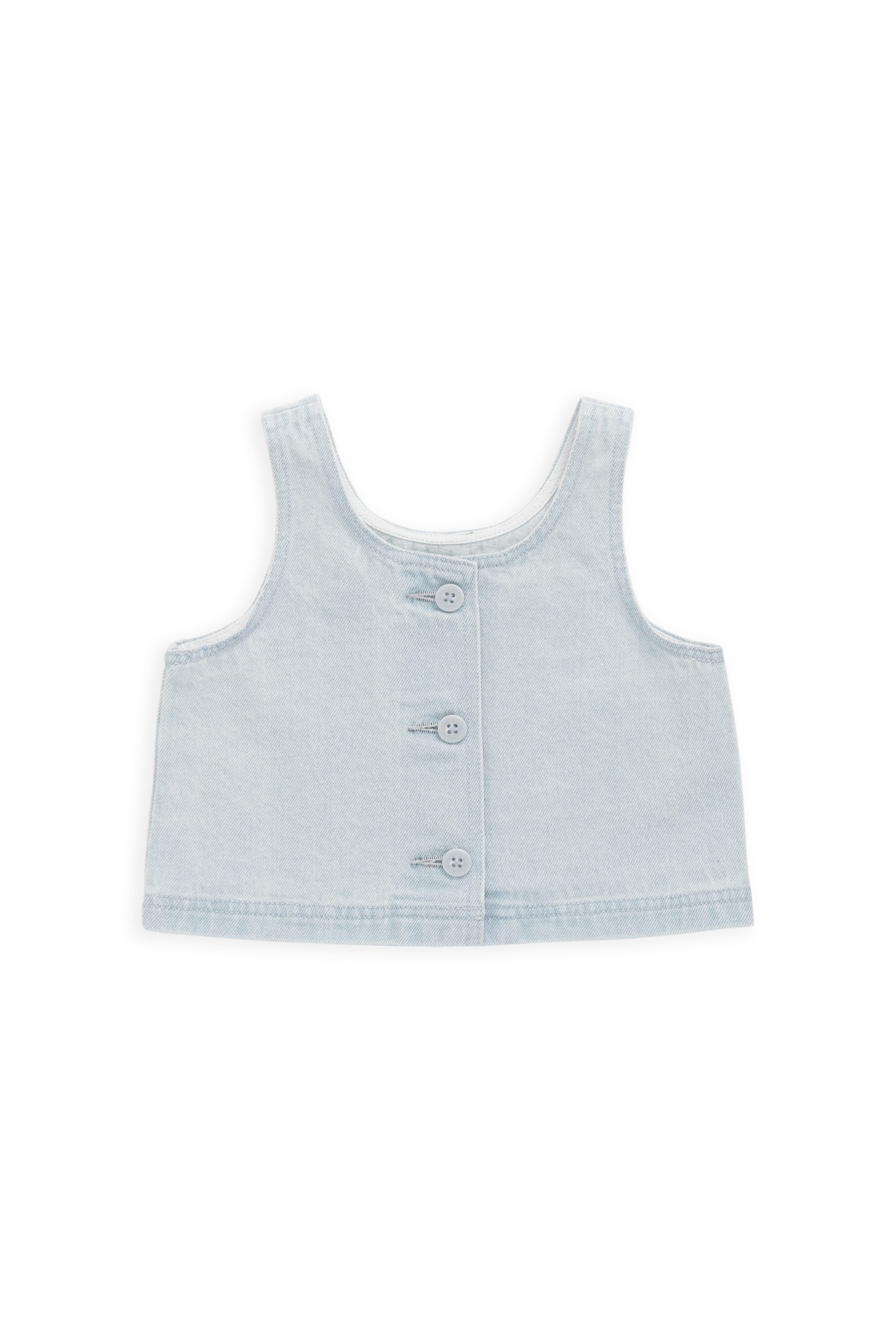Haut court en coton uni bleu nuage, léger et sans manches avec boutons au dos pour filles de 6 mois à 10 ans