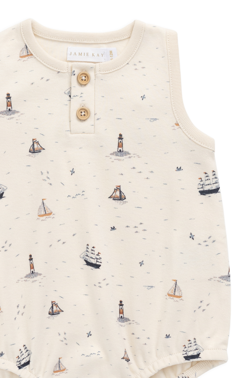 Combinaison imprimée marin à voile neutre en coton biologique avec boutons-pression et détails boutonnés pour bébés 0M-3Y