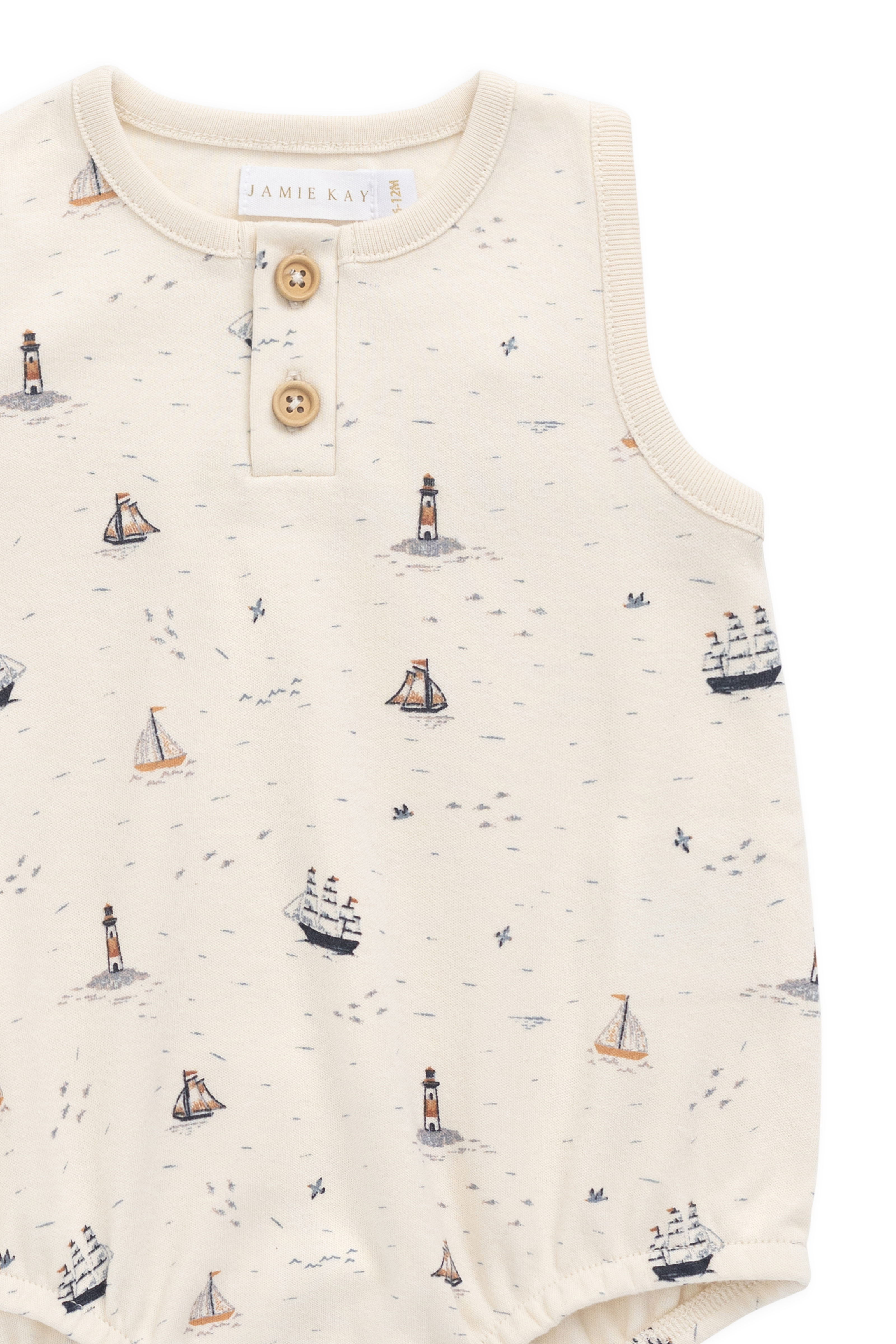Combinaison imprimée marin à voile neutre en coton biologique avec boutons-pression et détails boutonnés pour bébés 0M-3Y