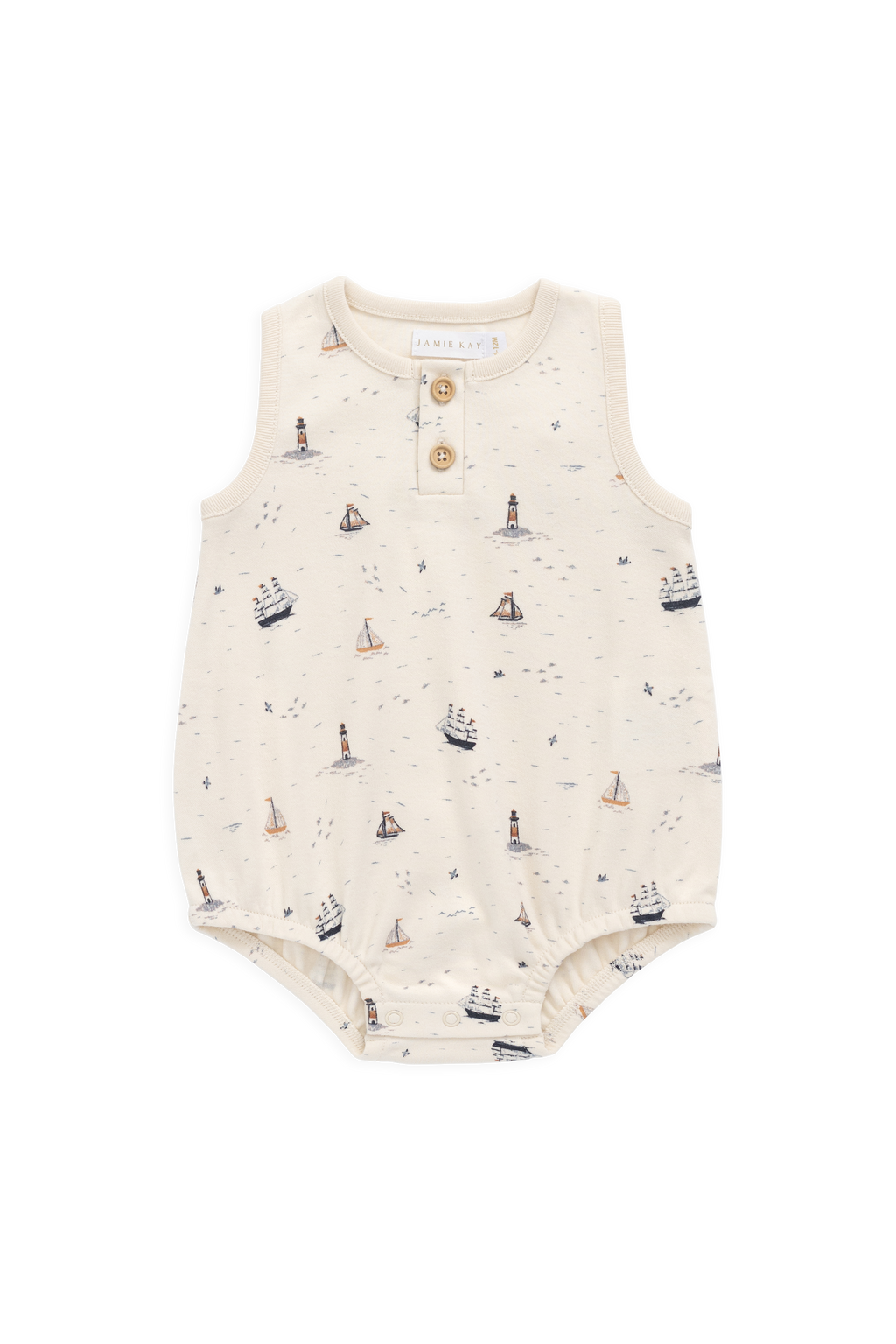 Combinaison imprimée marin à voile neutre en coton biologique avec boutons-pression et détails boutonnés pour bébés 0M-3Y