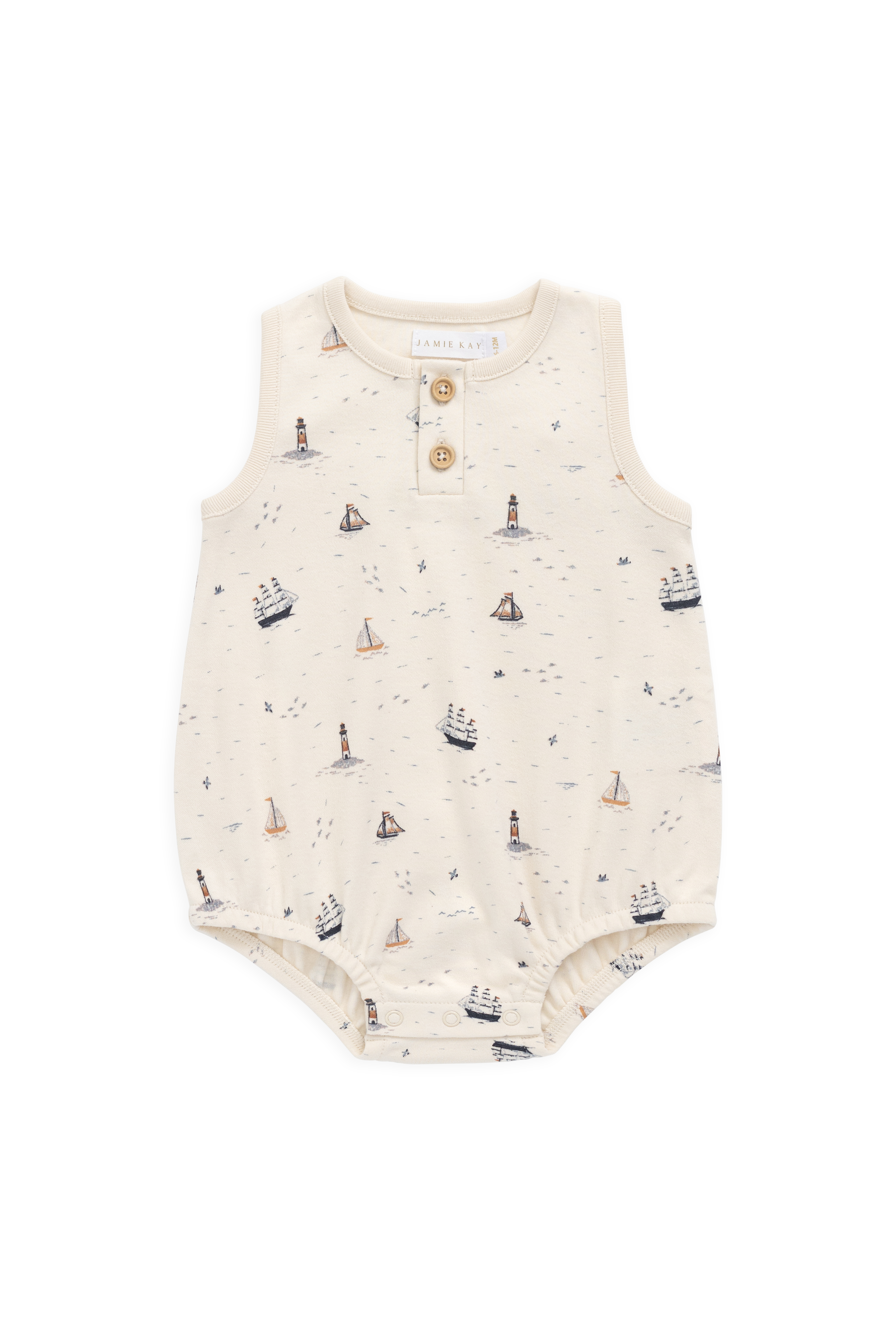 Combinaison imprimée marin à voile neutre en coton biologique avec boutons-pression et détails boutonnés pour bébés 0M-3Y