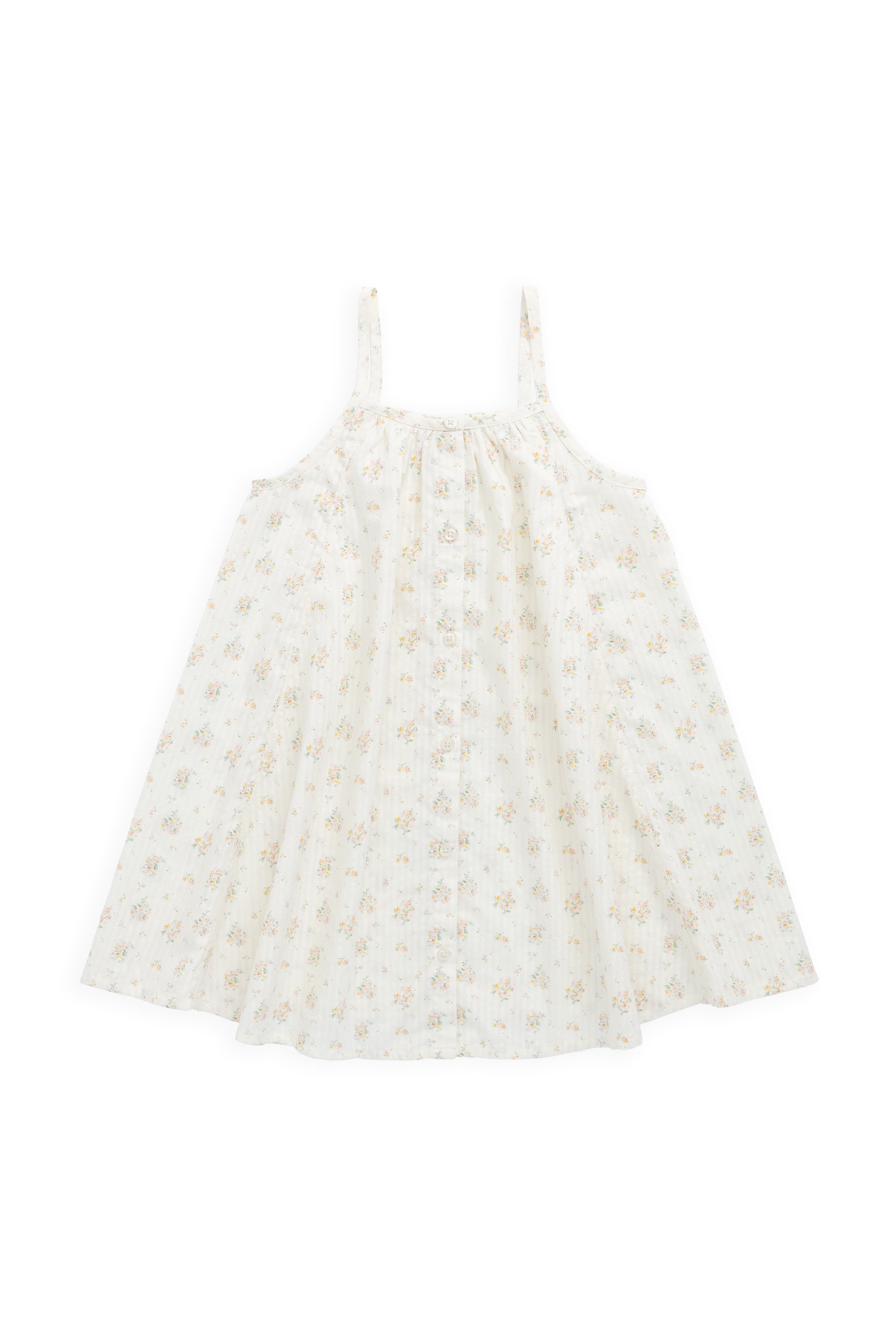 Robe en coton biologique à imprimé floral parchemin vintage avec boutonnage sur le devant et fines bretelles pour filles de 6 mois à 10 ans