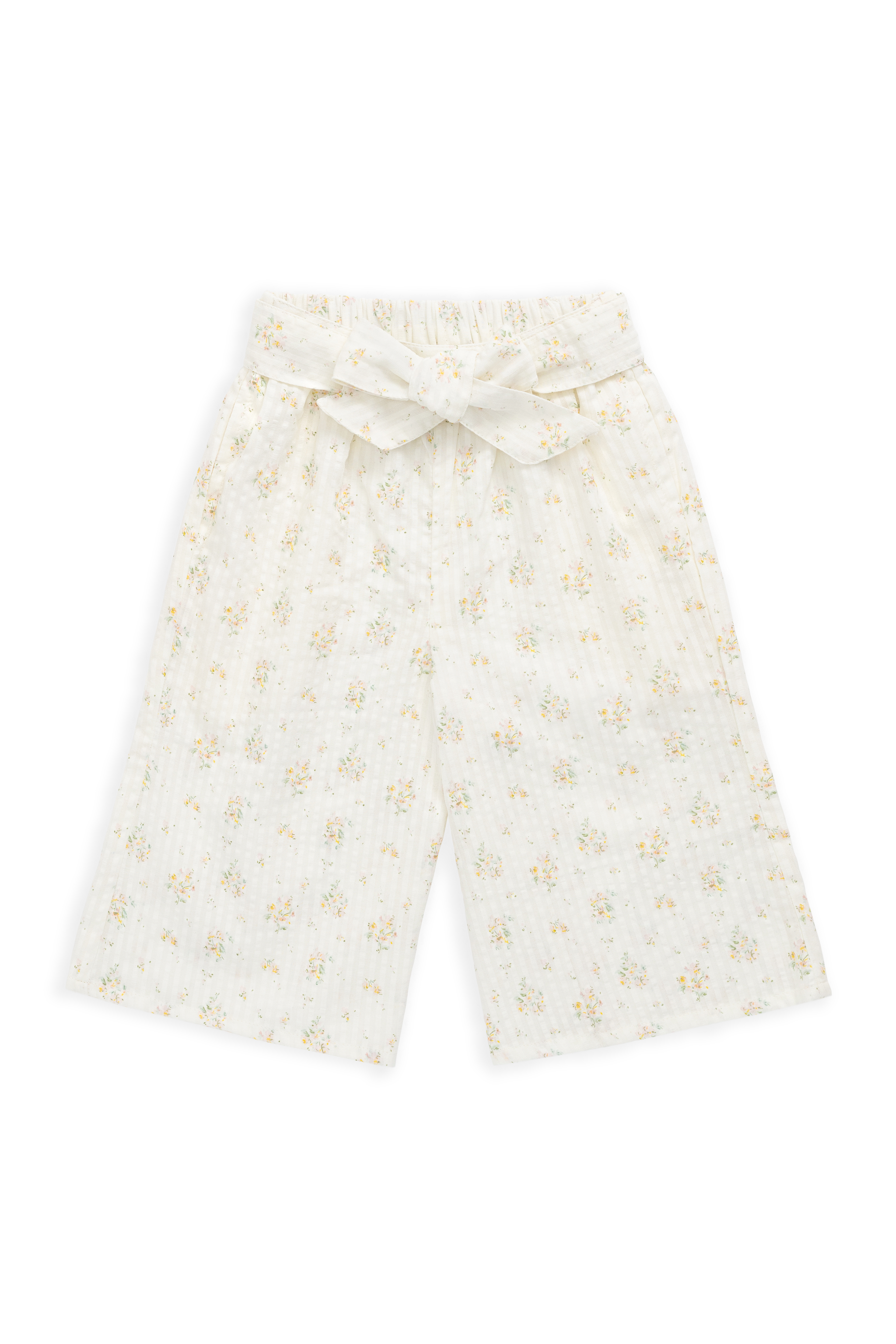 Pantalon large en coton biologique à imprimé floral parchemin romantique avec nœud à la taille pour filles de 6 mois à 10 ans