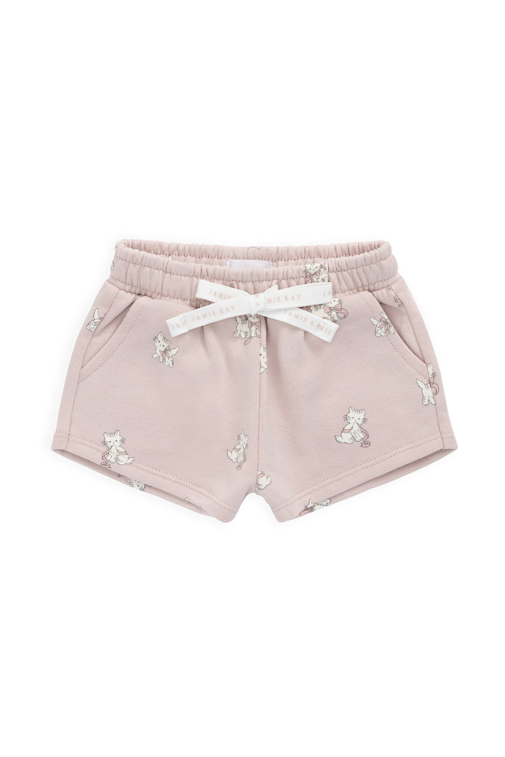 Short en coton biologique à imprimé chaton Mauve ludique avec taille à nœud pour filles de 6 mois à 10 ans