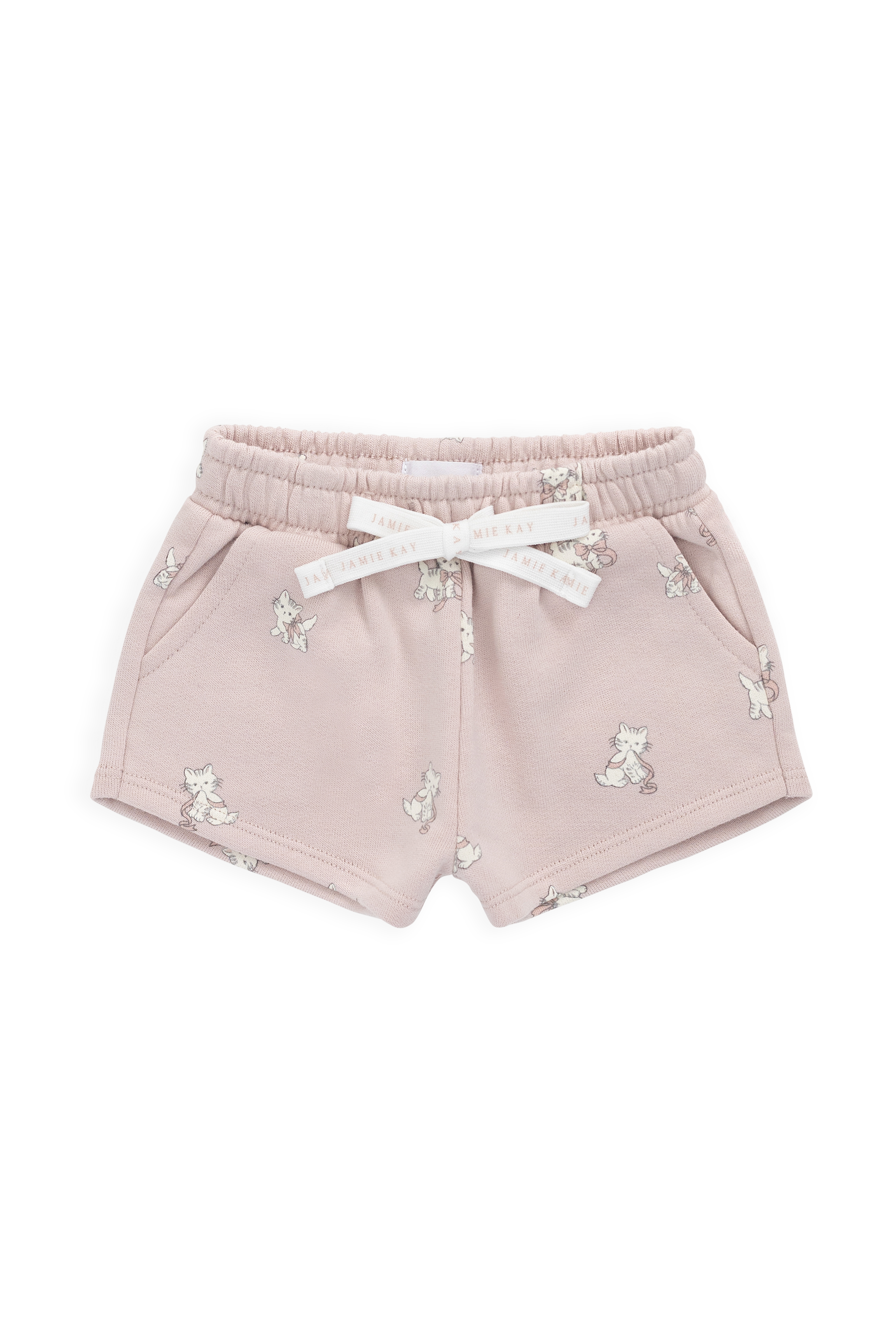 Short en coton biologique à imprimé chaton Mauve ludique avec taille à nœud pour filles de 6 mois à 10 ans