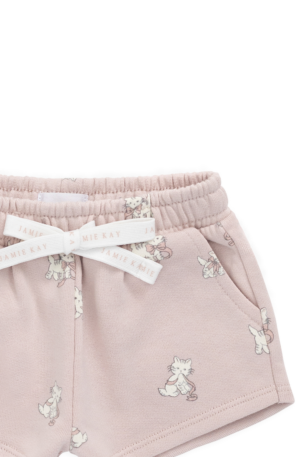 Short en coton biologique à imprimé chaton Mauve ludique avec taille à nœud pour filles de 6 mois à 10 ans