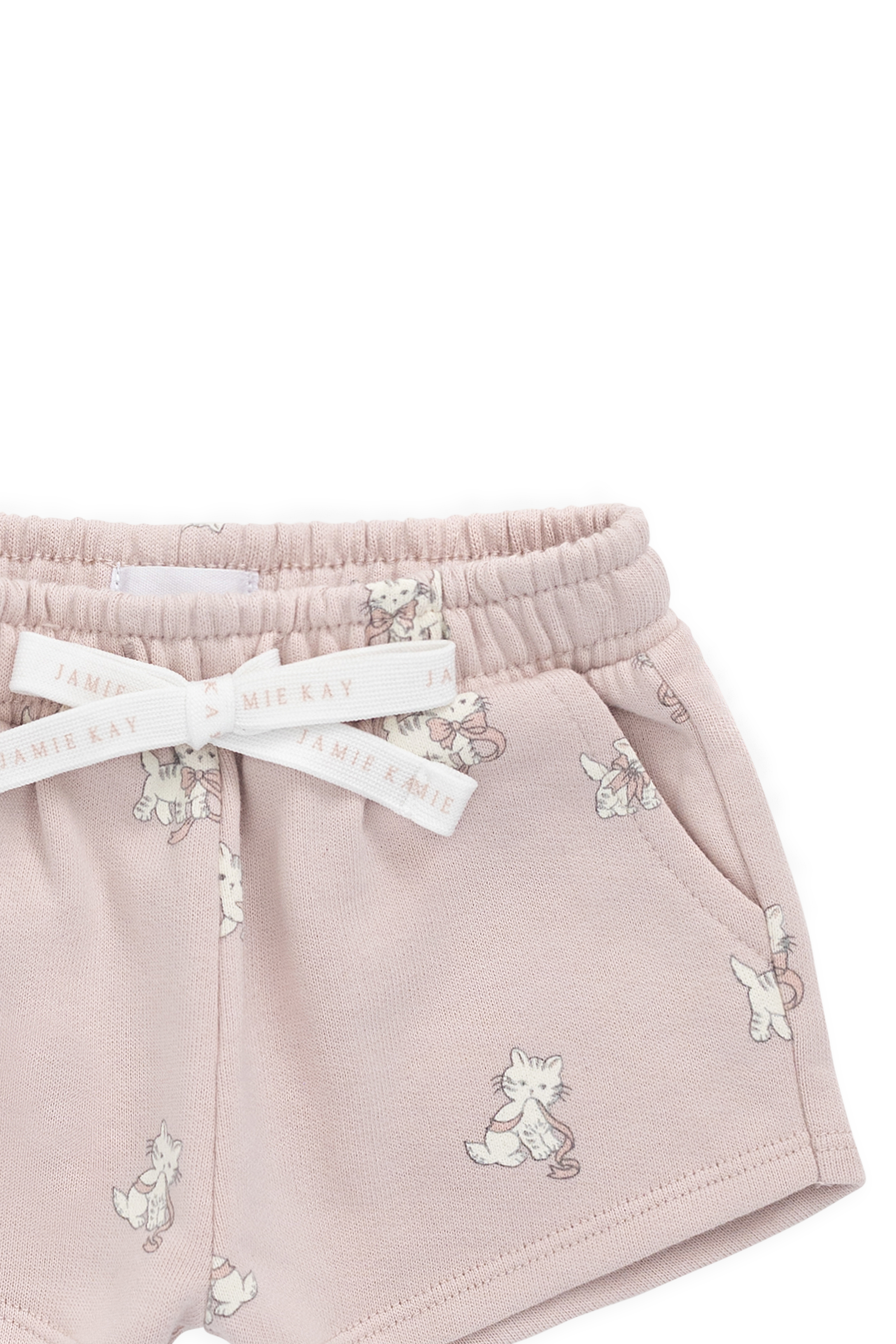 Short en coton biologique à imprimé chaton Mauve ludique avec taille à nœud pour filles de 6 mois à 10 ans