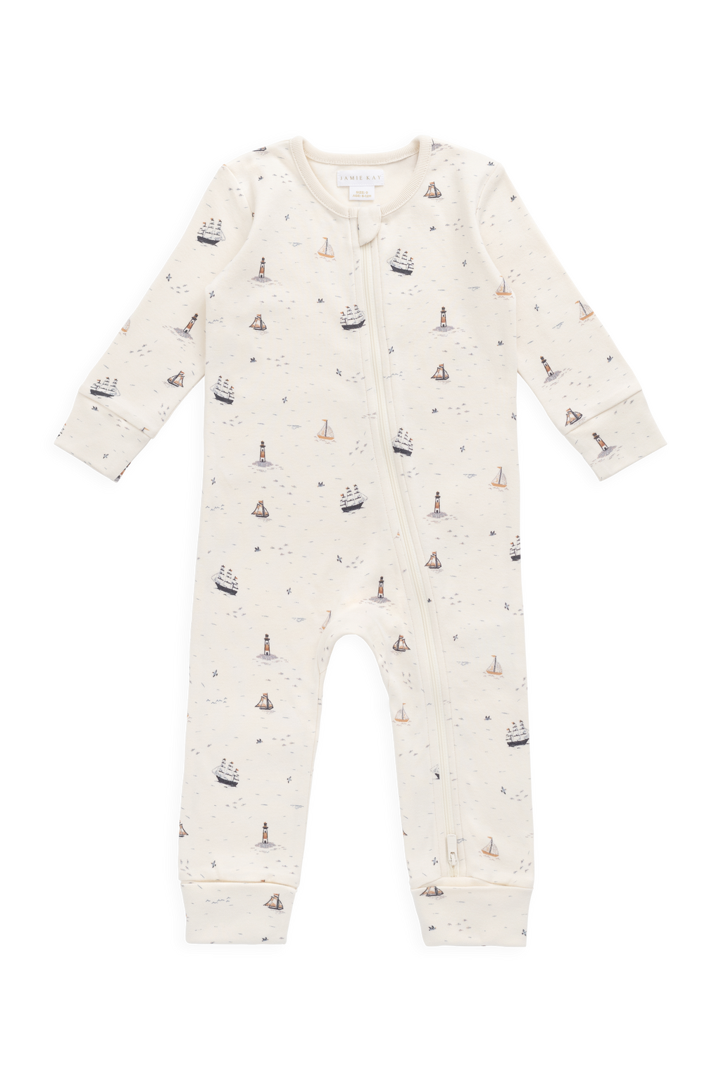 Barboteuse en coton biologique à imprimé marin, motif voilier et phare, avec fermeture éclair intégrale pour habiller facilement les bébés de 0 à 3 ans