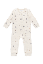 Barboteuse en coton biologique à imprimé marin, motif voilier et phare, avec fermeture éclair intégrale pour habiller facilement les bébés de 0 à 3 ans