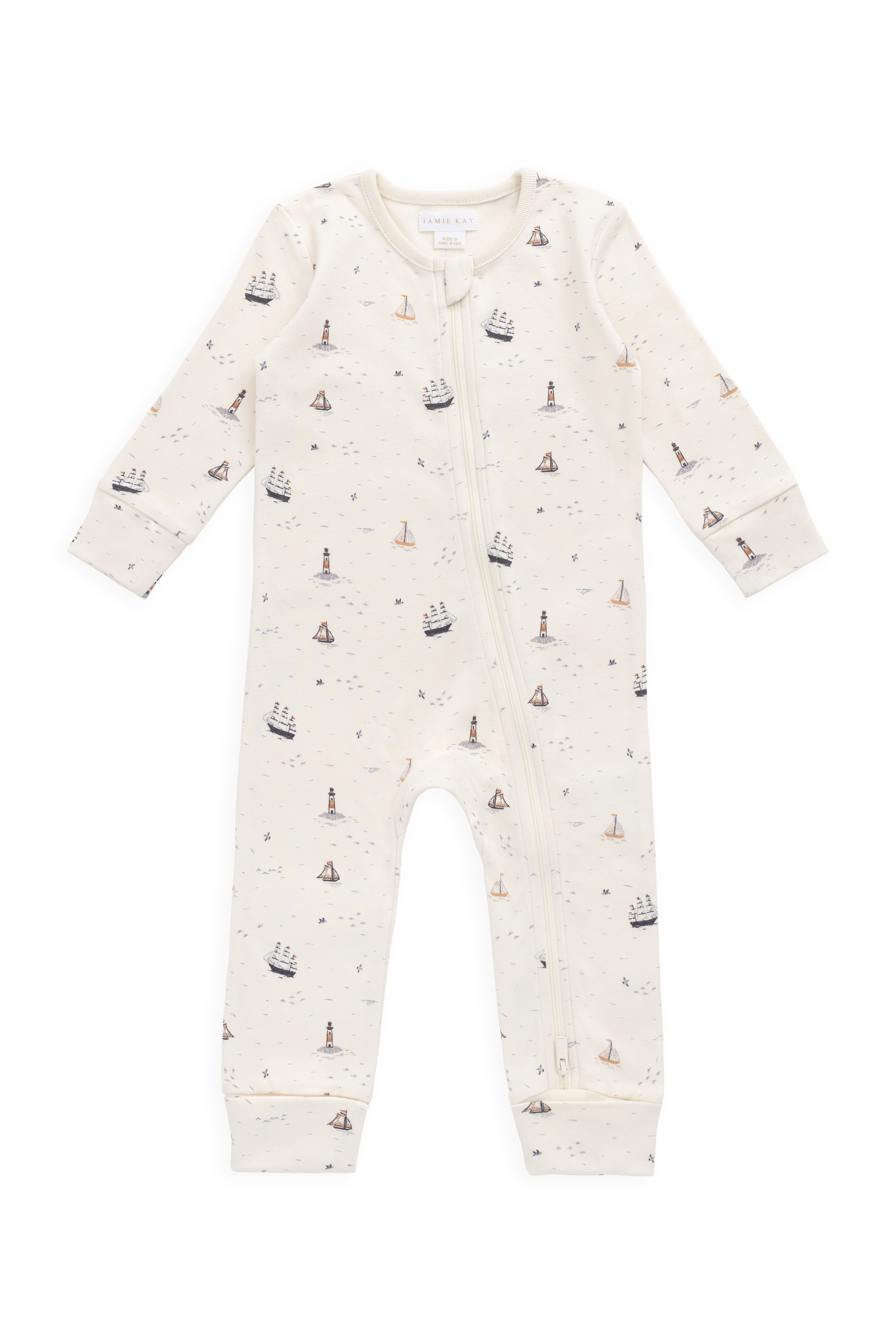 Barboteuse en coton biologique à imprimé marin, motif voilier et phare, avec fermeture éclair intégrale pour habiller facilement les bébés de 0 à 3 ans