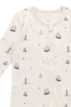 Barboteuse en coton biologique à imprimé marin, motif voilier et phare, avec fermeture éclair intégrale pour habiller facilement les bébés de 0 à 3 ans