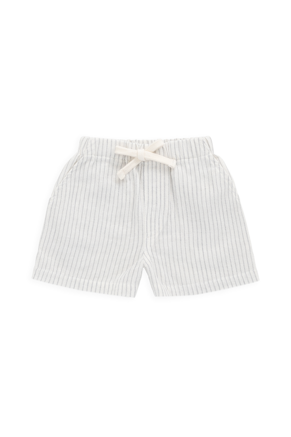 Short en coton biologique décontracté rayé à fines rayures couleur parchemin avec coupe décontractée et lien décoratif pour enfants de 6 mois à 8 ans