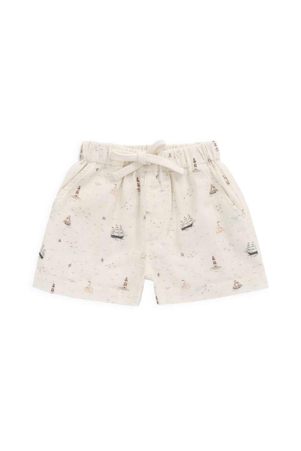 Short pour enfant en coton bio, motif bateau nautique neutre, coupe décontractée avec taille ajustable par lien, 6 mois–8 ans