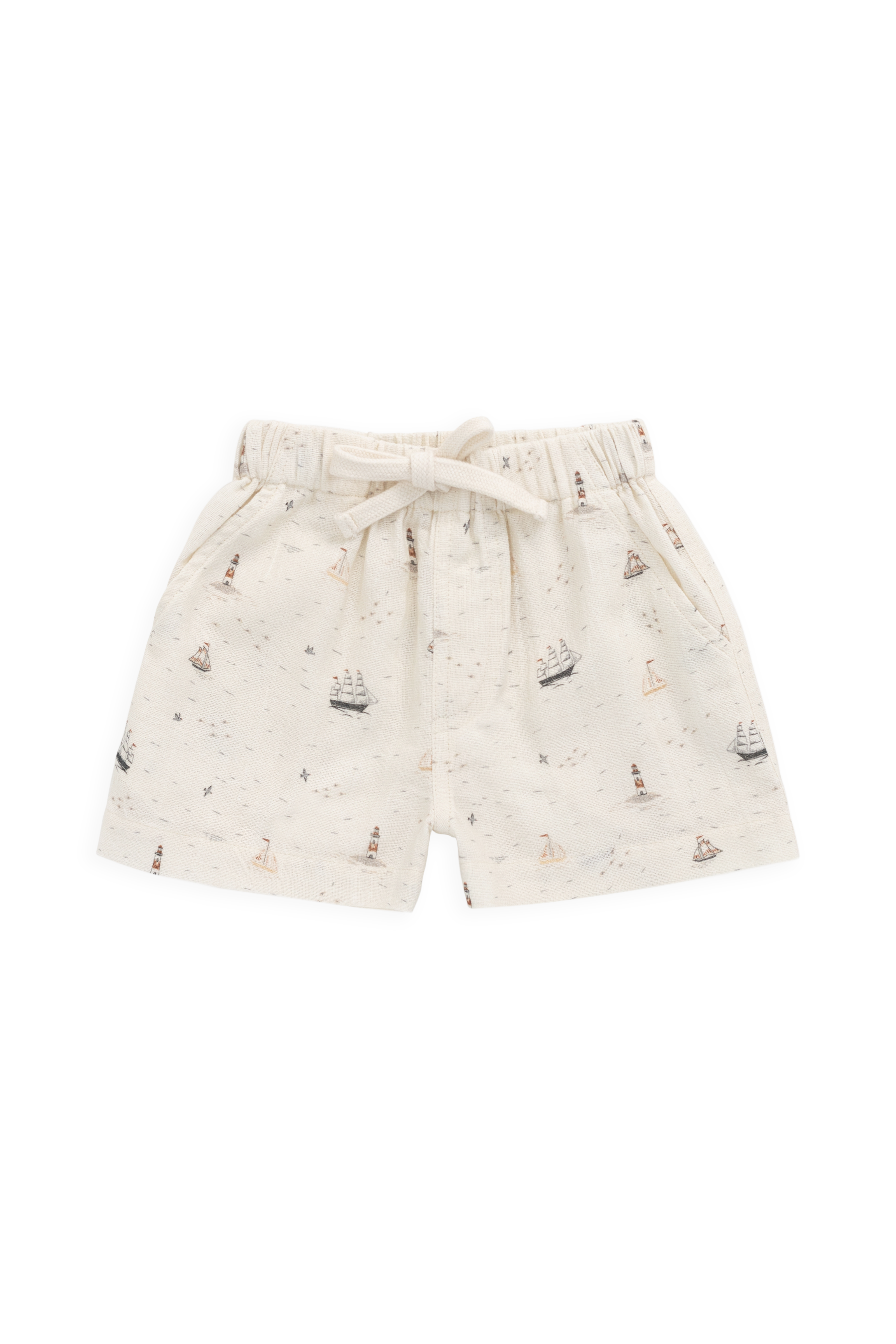 Short pour enfant en coton bio, motif bateau nautique neutre, coupe décontractée avec taille ajustable par lien, 6 mois–8 ans