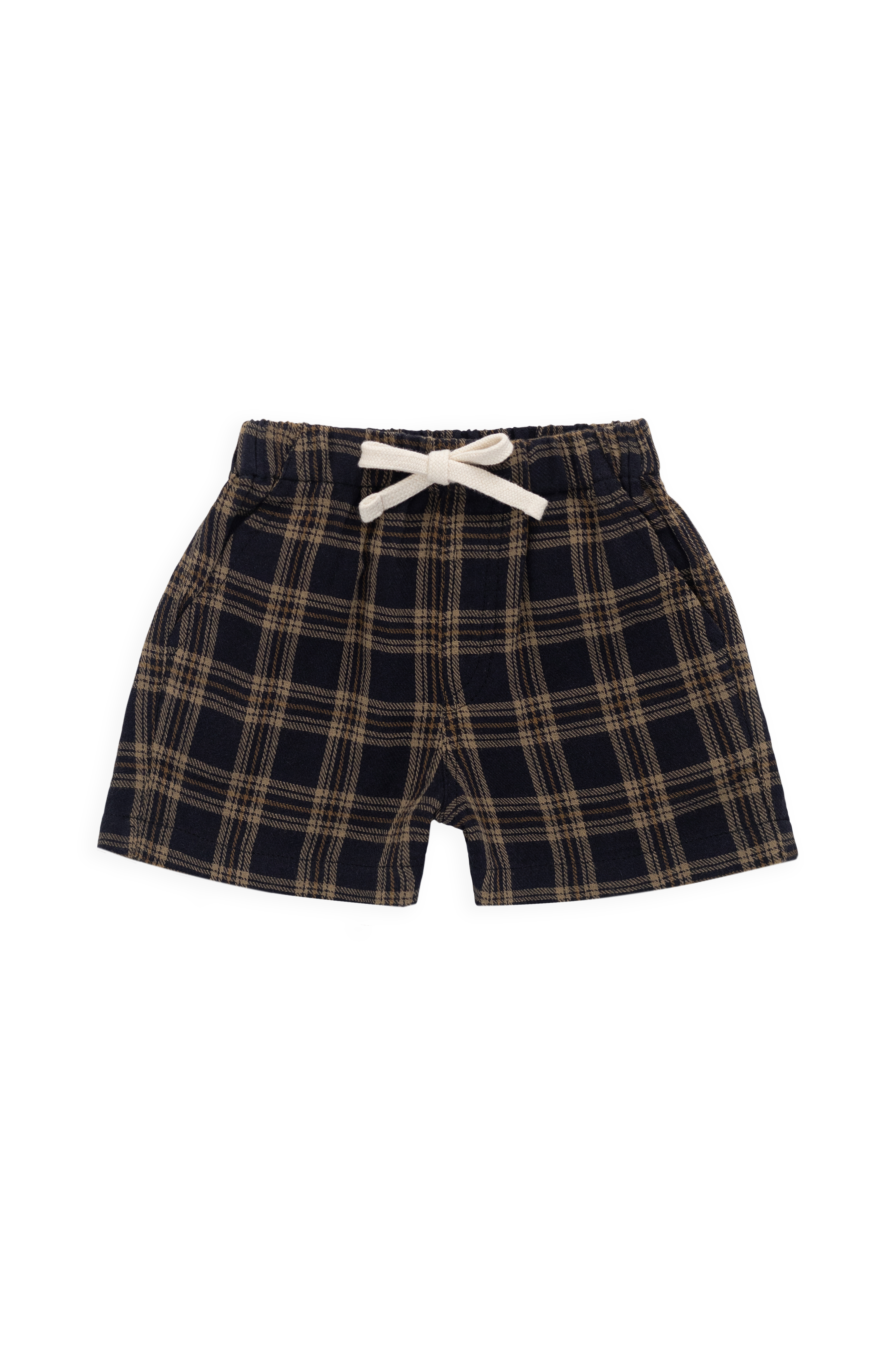 Short classique à carreaux Woodland en coton biologique pour enfants de 6 mois à 8 ans, coupe décontractée avec lien décoratif à la taille