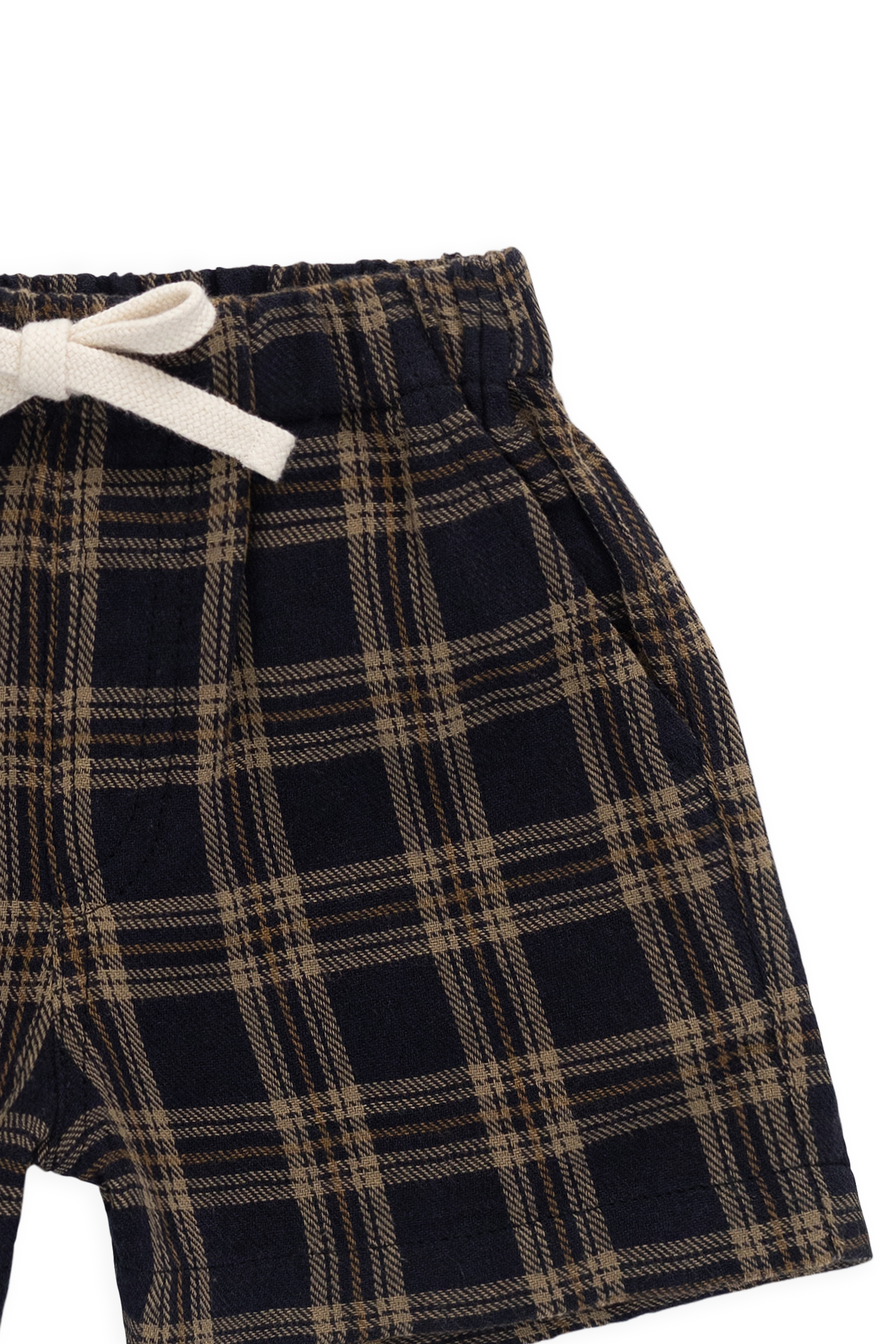 Short classique à carreaux Woodland en coton biologique pour enfants de 6 mois à 8 ans, coupe décontractée avec lien décoratif à la taille