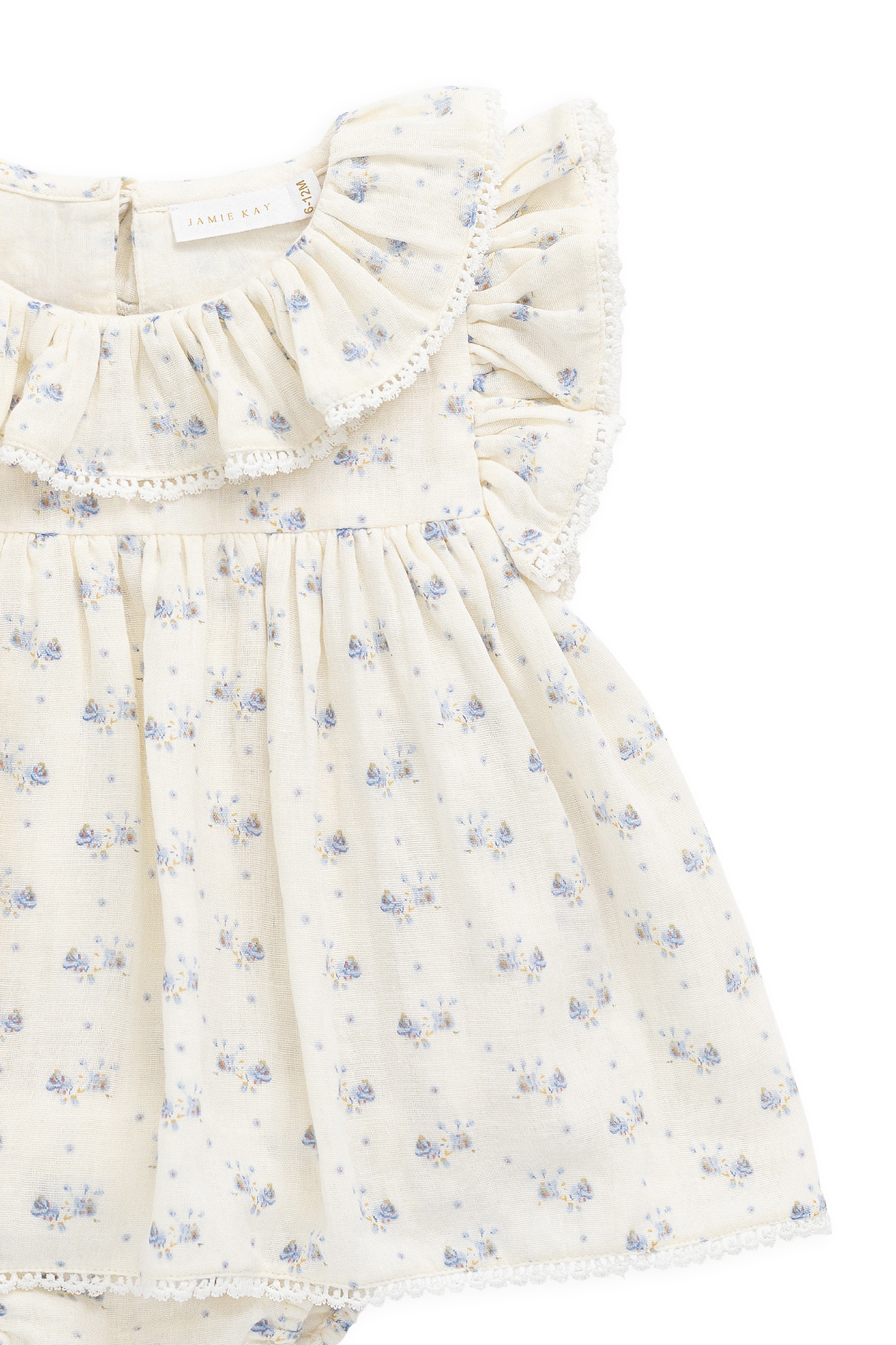 Combi-short en mousseline de coton bio à imprimé floral romantique et col à volants pour l'été 0-2 ans