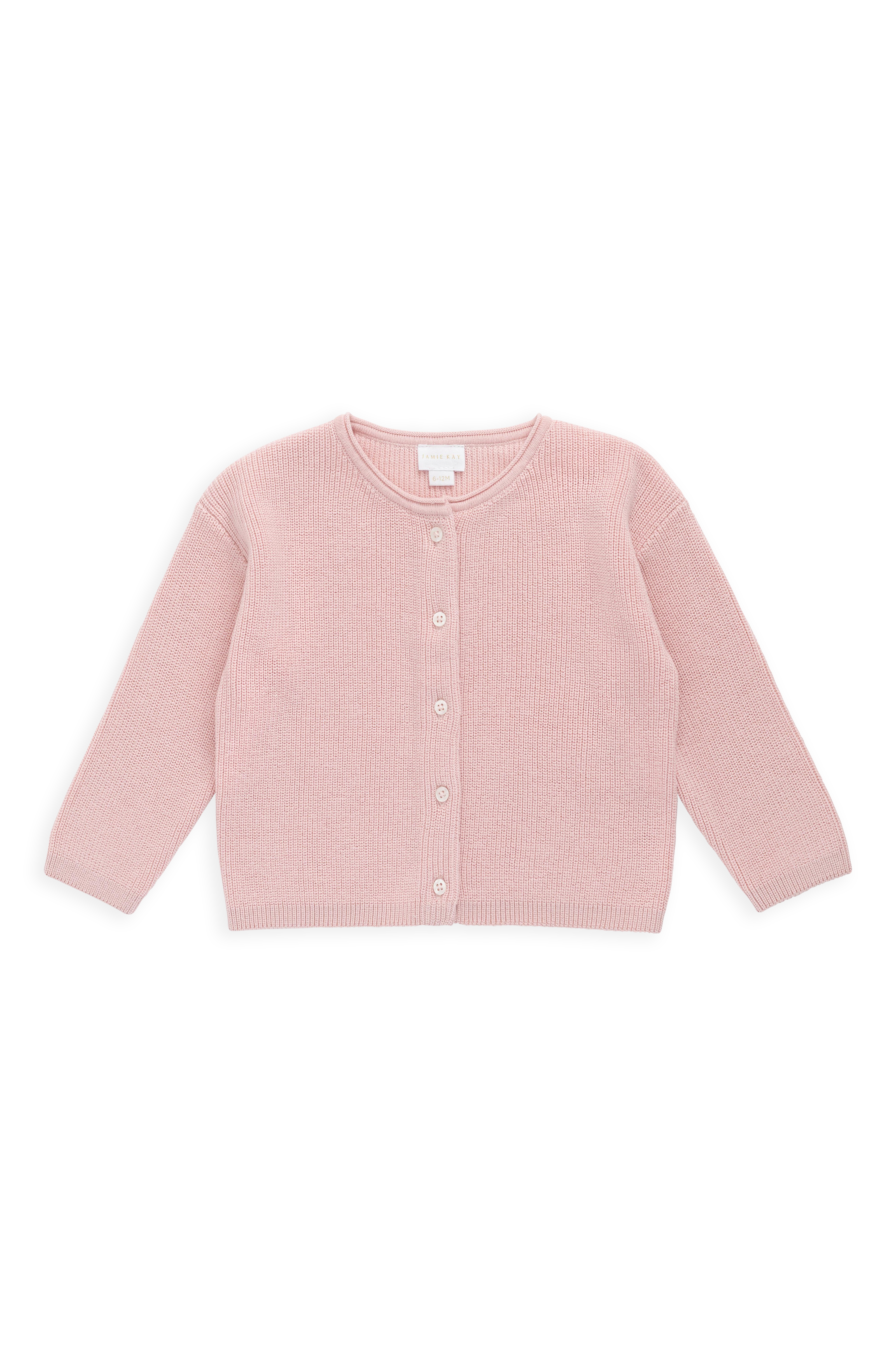 Cardigan uni en maille de coton rose délicat avec boutonnage sur le devant, idéal à superposer 0M–10Y