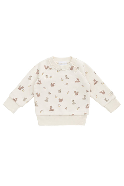Sweat-shirt décontracté unisexe en coton bio imprimé Forêt et Amis, avec boutons sur l'épaule pour enfants de 0 à 8 ans