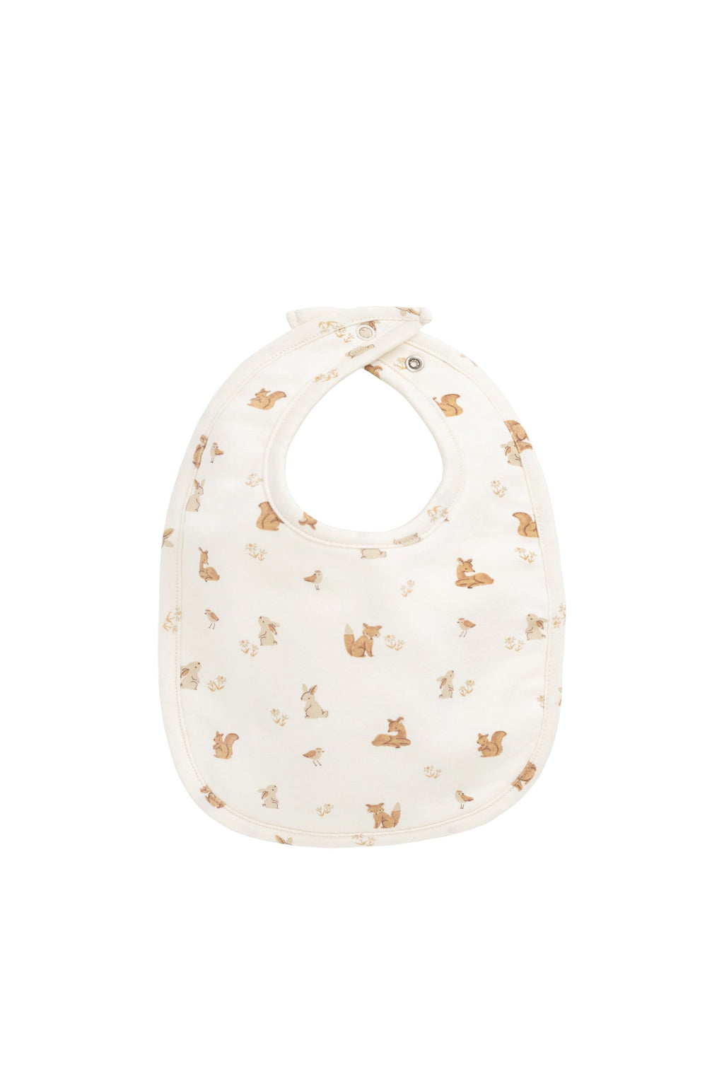 Bavette en coton bio avec imprimé ludique Amis de la forêt, boutons-pression et envers en tissu éponge pour bébés