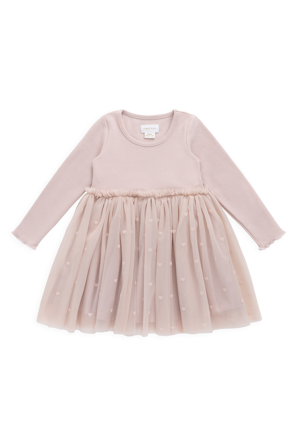Robe en coton romantique rose à petits cœurs, manches longues et jupe en tulle pour occasions spéciales, filles 6M-8A