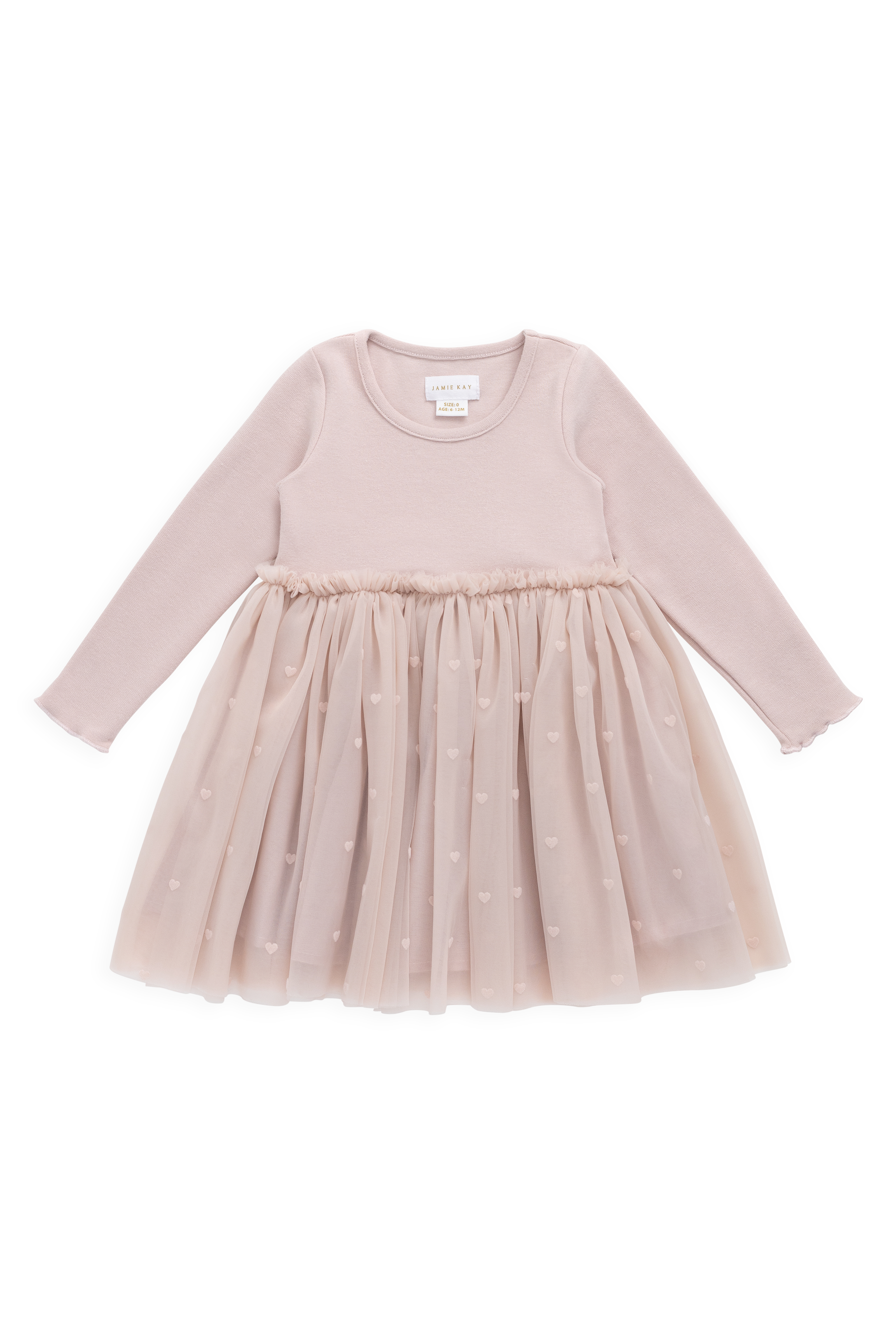 Robe en coton romantique rose à petits cœurs, manches longues et jupe en tulle pour occasions spéciales, filles 6M-8A