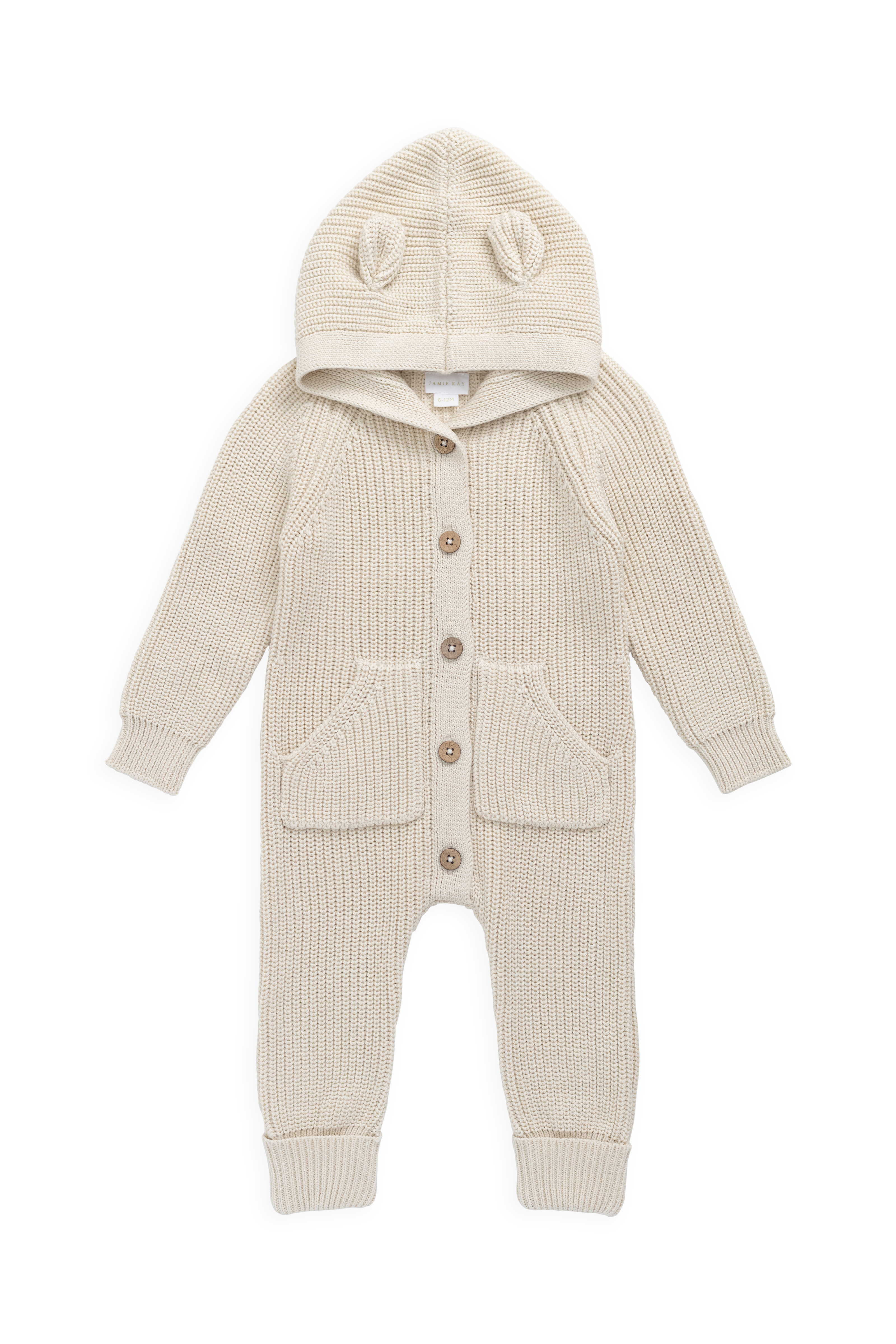 Barboteuse fantaisie unie en coton tricoté, avec capuche à oreilles et boutonnage sur le devant, pour bébés de 0 à 3 ans